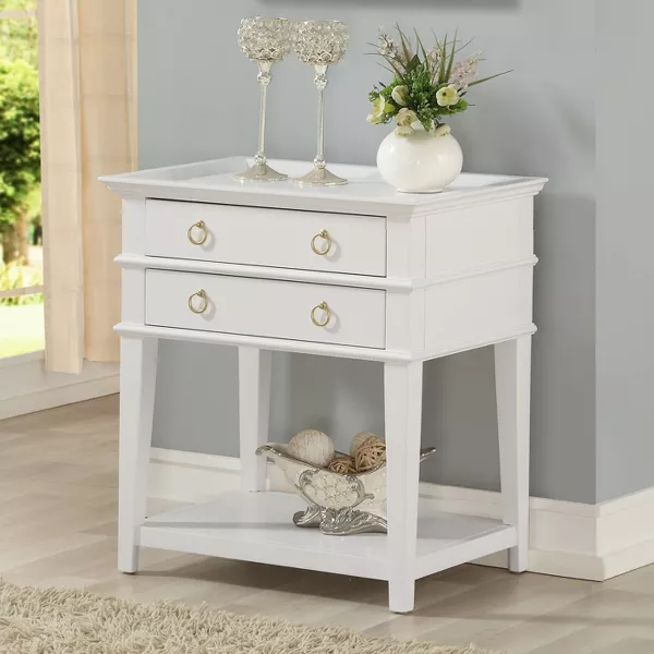 Comfort Pointe Clara Nightstand White: Recessed Top, 2 Drawers, Open Shelf, Painted MDF, Wood Frame