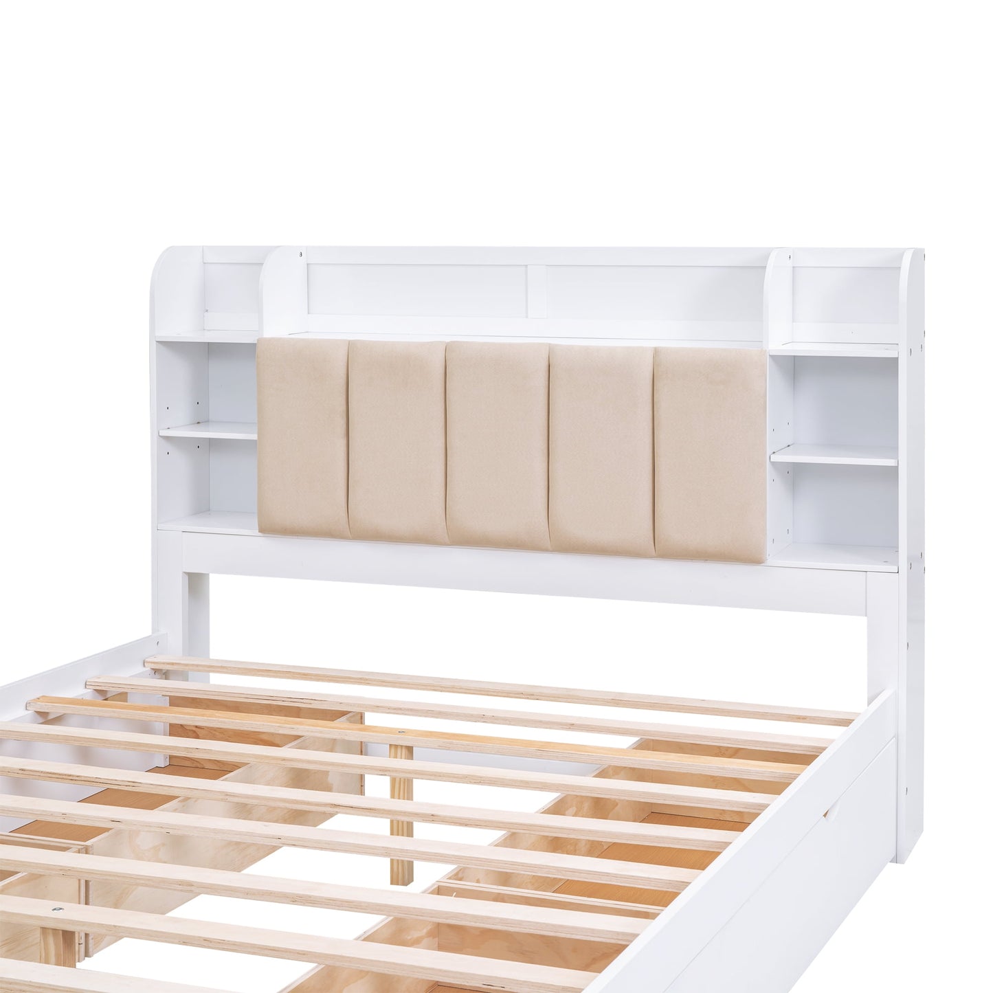 EUROCO Upholstered Queen Bed, Wood Platform Bed with Shelves and Drawers for Adults, Heavy Duty for Bedroom,Guests Room,White