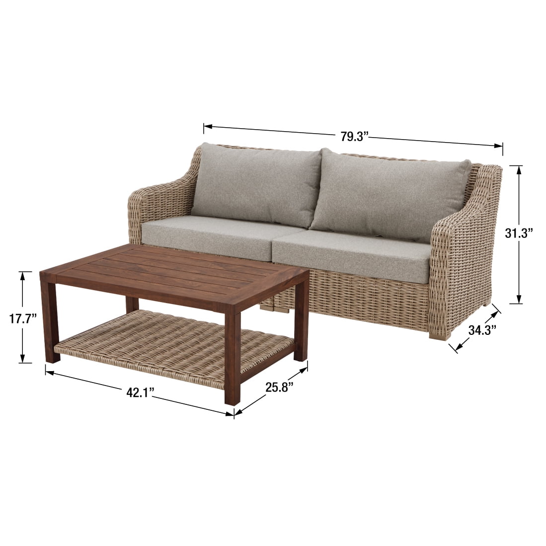 Better Homes & Gardens Bellamy 2 Piece Wicker Outdoor Sofa Gray Cushions & Coffee Table Set with Patio Cover