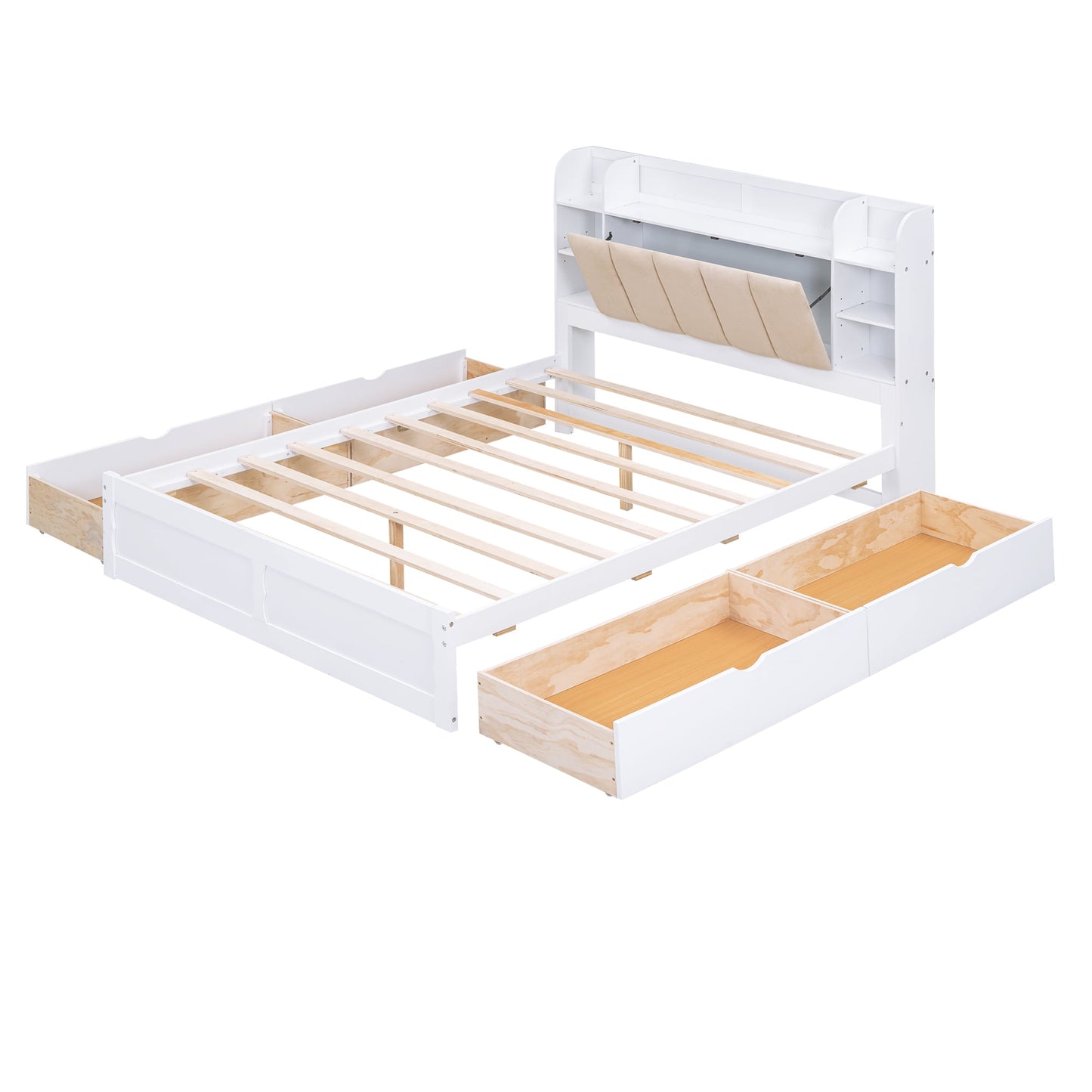 EUROCO Upholstered Queen Bed, Wood Platform Bed with Shelves and Drawers for Adults, Heavy Duty for Bedroom,Guests Room,White