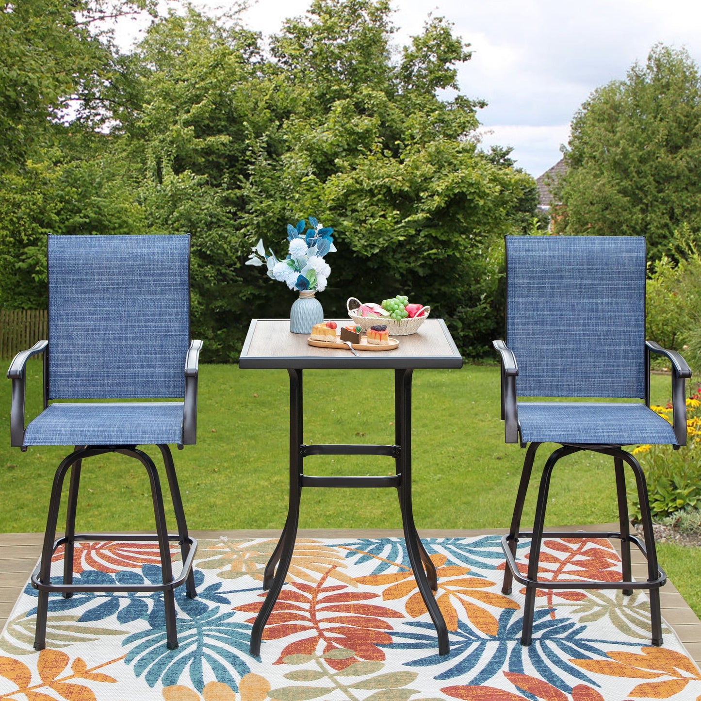 Summit Living 3 Pieces Outdoor Patio Swivel Bar Stools Set, Metal Bar Height Bistro Set for 2 People, Blue