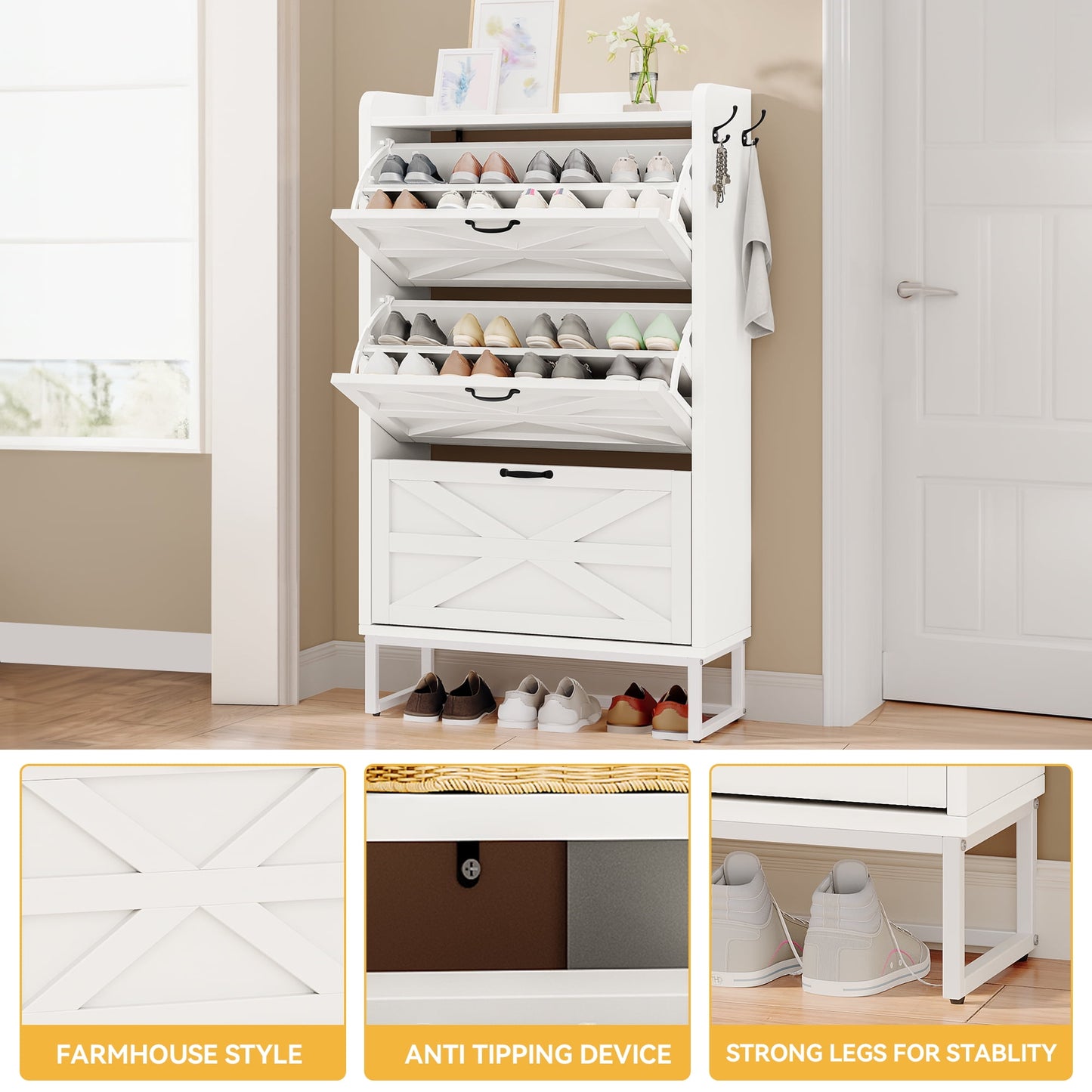 Uforic Slim Shoe Cabinet with 3 Flip Drawers, Space-Saving Shoe Storage for 24 Pairs, White