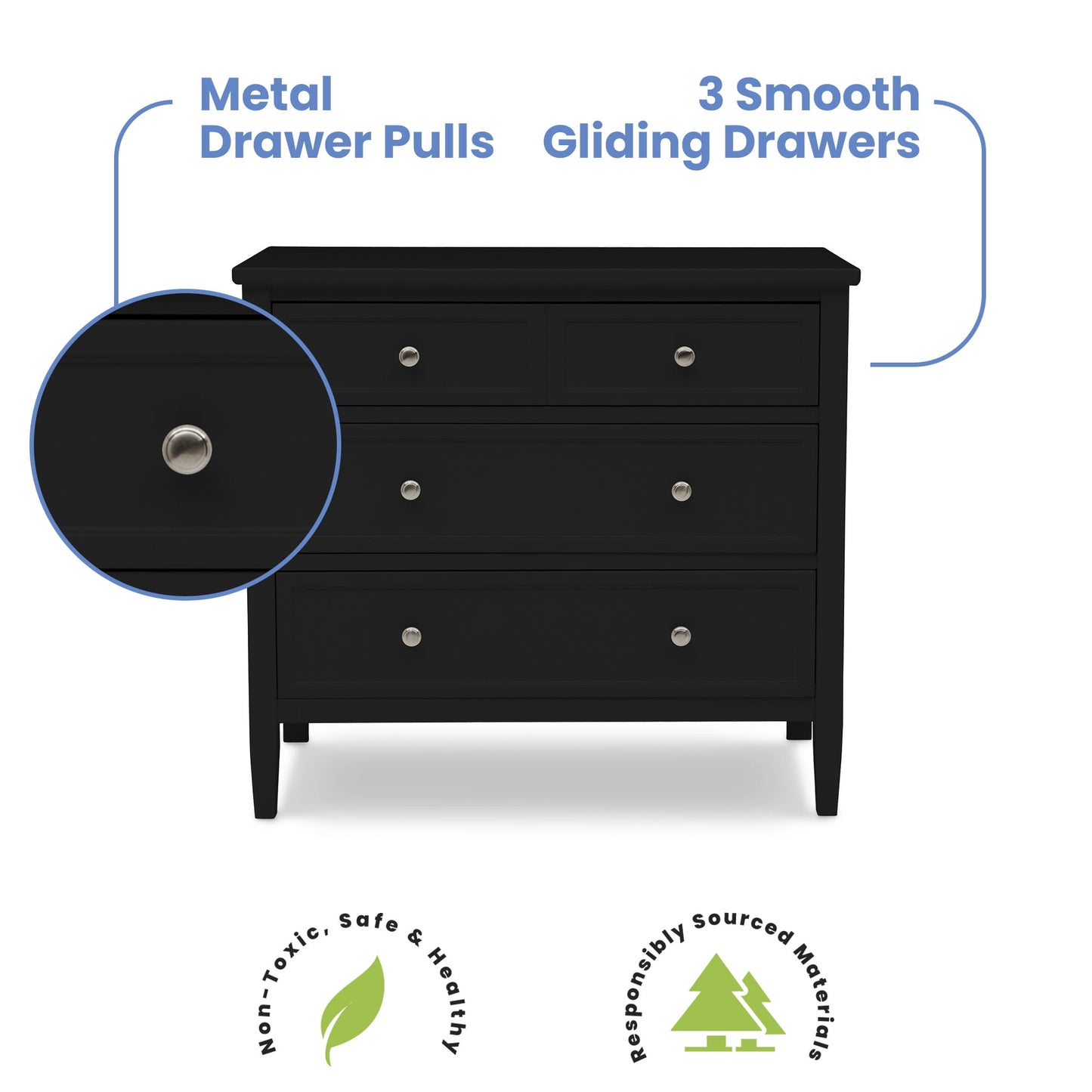 Delta Children Epic 3 Drawer Dresser with Interlocking Drawers, Black Ebony