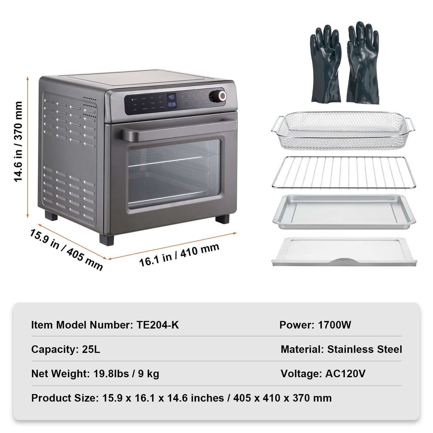 KFFKFF 12-IN-1 1700W Air Fryer Toaster Oven 25L Stainless Steel Convection Oven