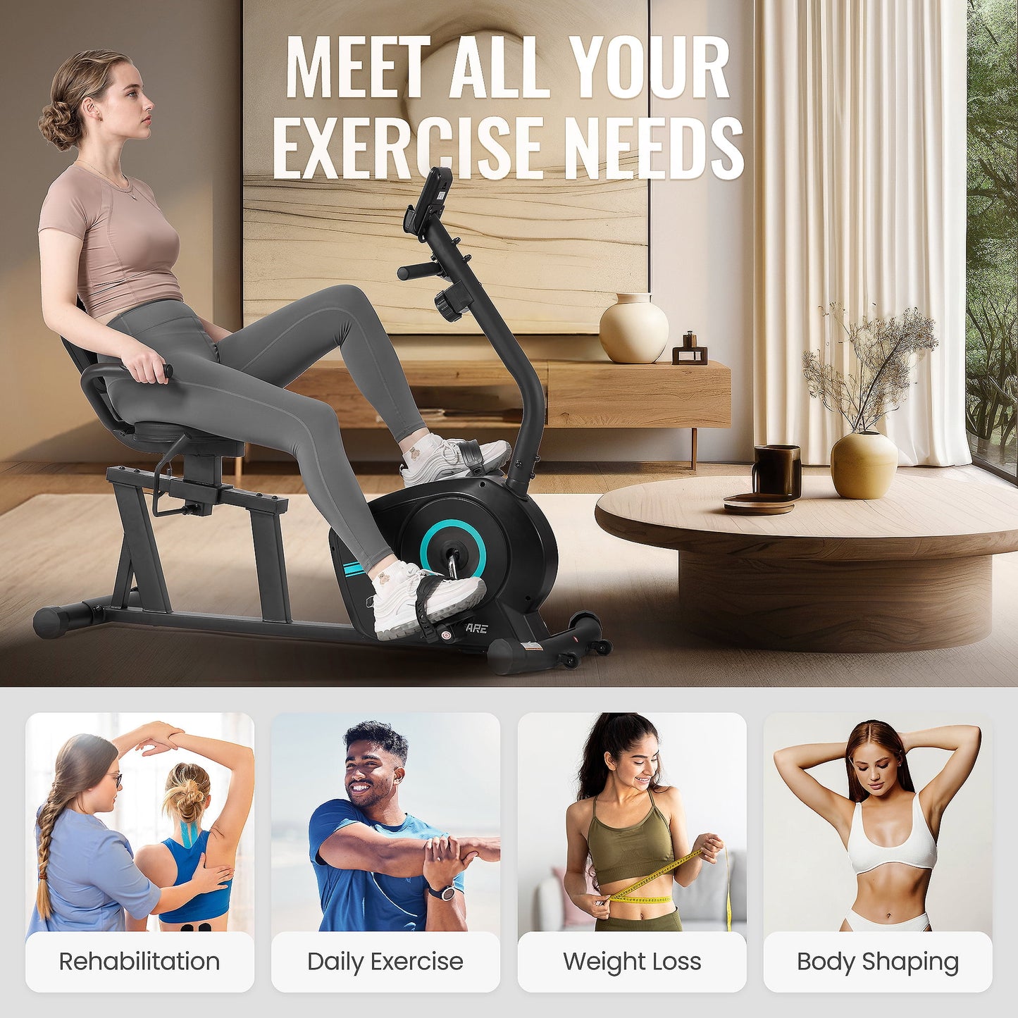 MaxKare Recumbent Exercise Bike with Arm Workout for Indoor, 8 Levels Magnetic Resistance & Seat Adjustable, Silent Stationary Bike for Adult & Seniors, 300lbs