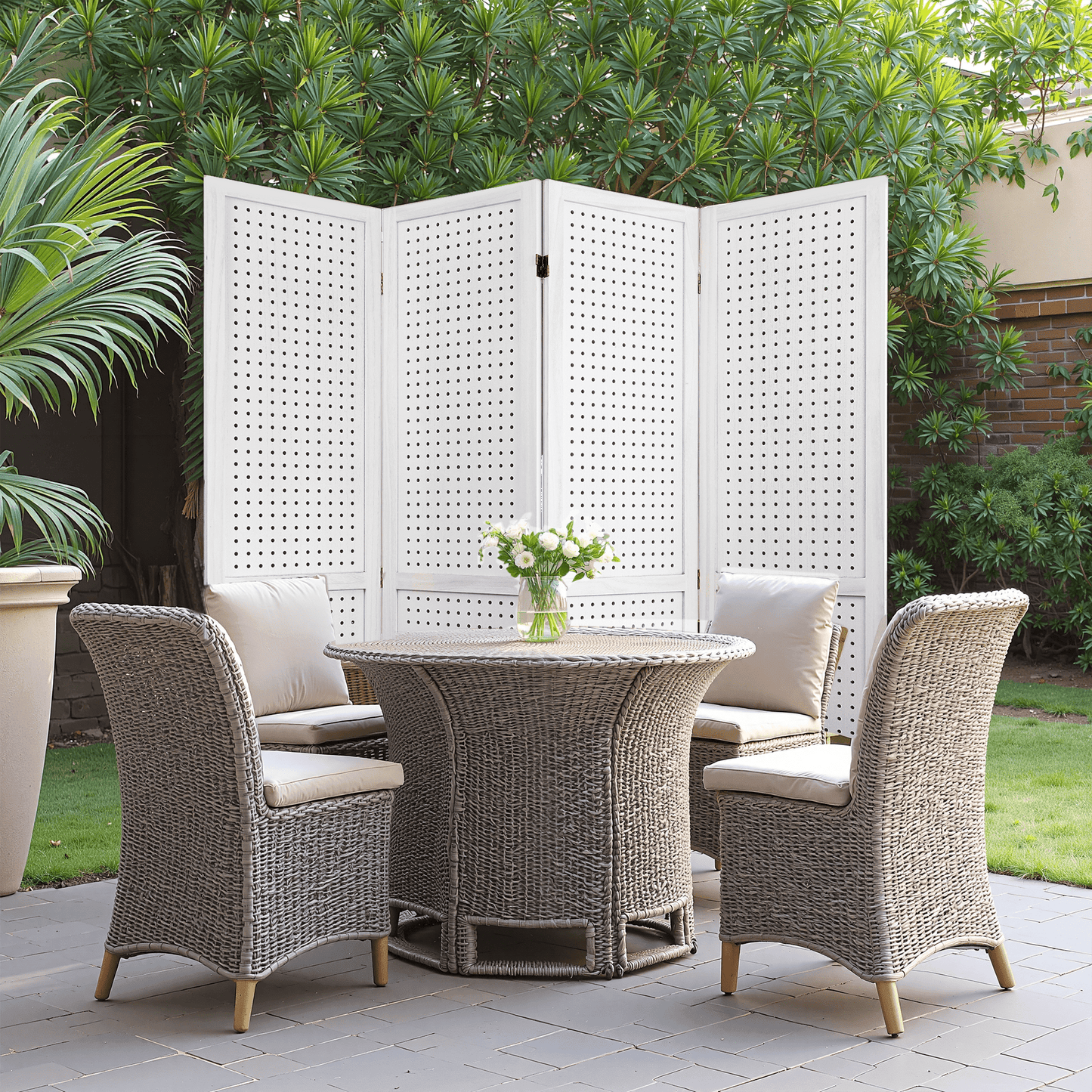 Dovelina 4 Panel Freestanding Room Divider, 5.6Ft Wooden Privacy Screen with Shelves, White