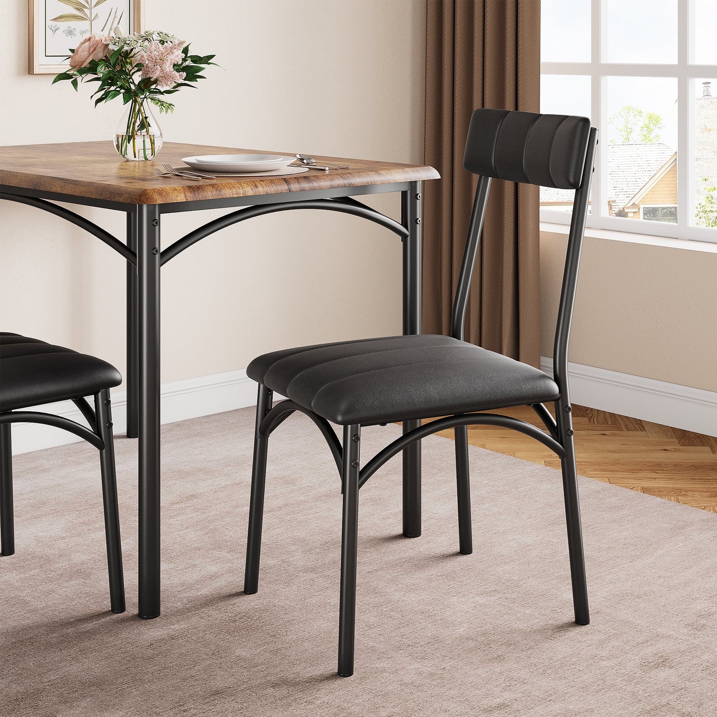 Wpond 5-Piece Dining Table Set, Rustic Brown Steel Frame with 4 Cushioned Chairs, Kitchen