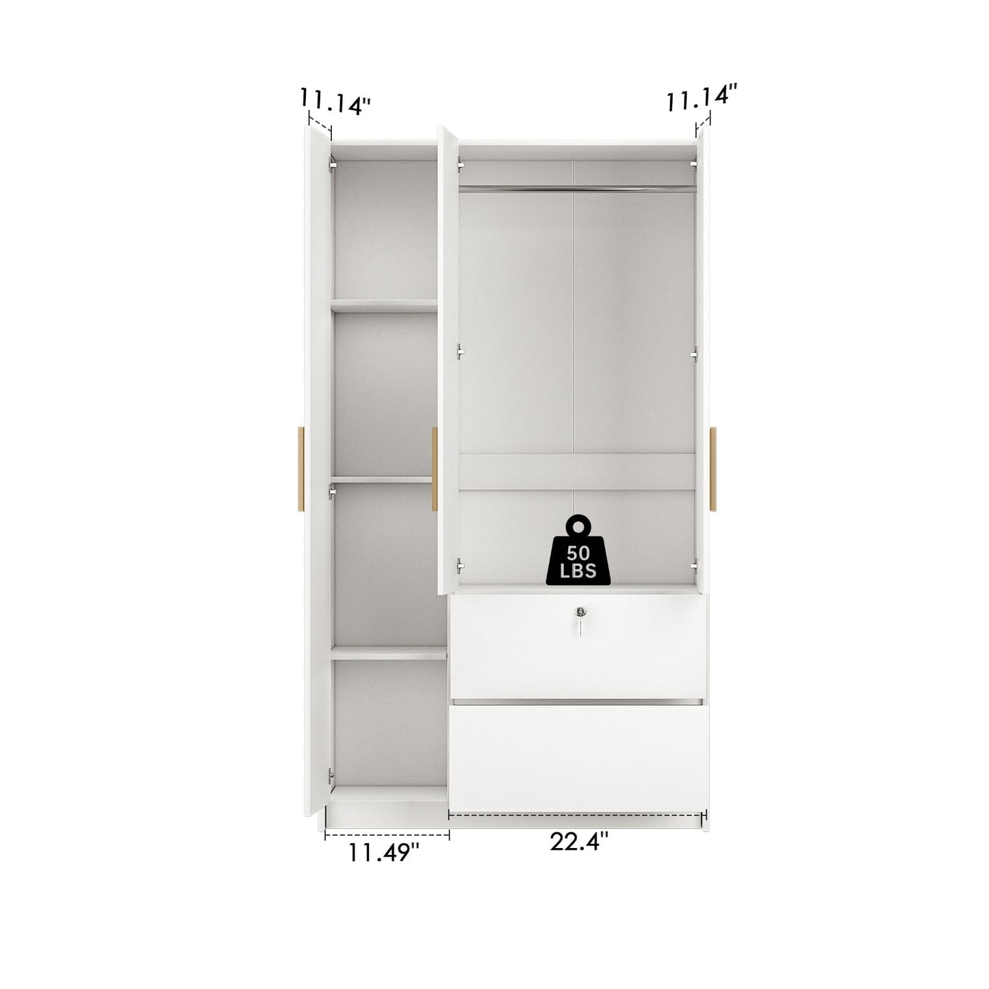 Nathaniel Home 3 Door Wardrobe with Drawers, Freestanding Bedroom Armoires, Clothes Storage Cabinet with Hanging Rod, Modern Wardrobe Closet, White