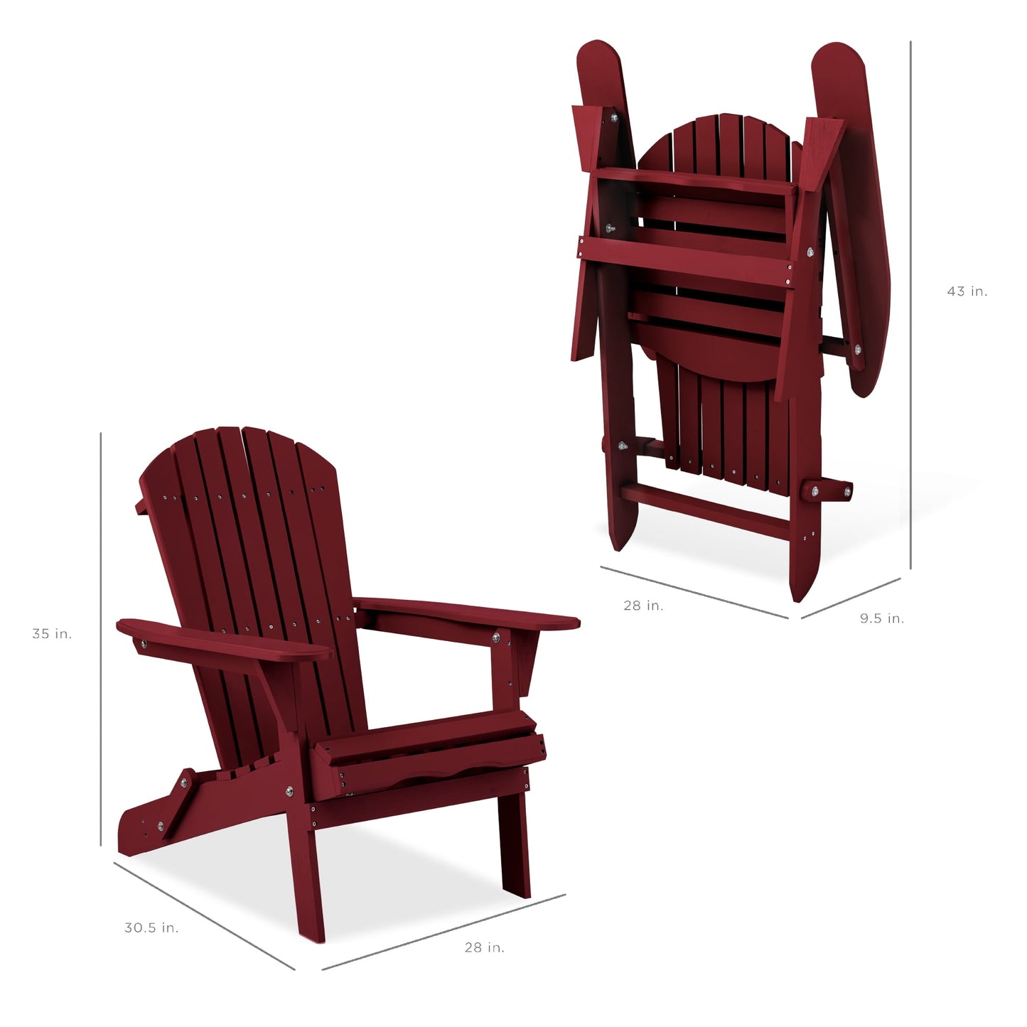 Best Choice Products Folding Adirondack Chair Outdoor, Wooden Accent Lounge Furniture w/ 350lb Capacity - Red