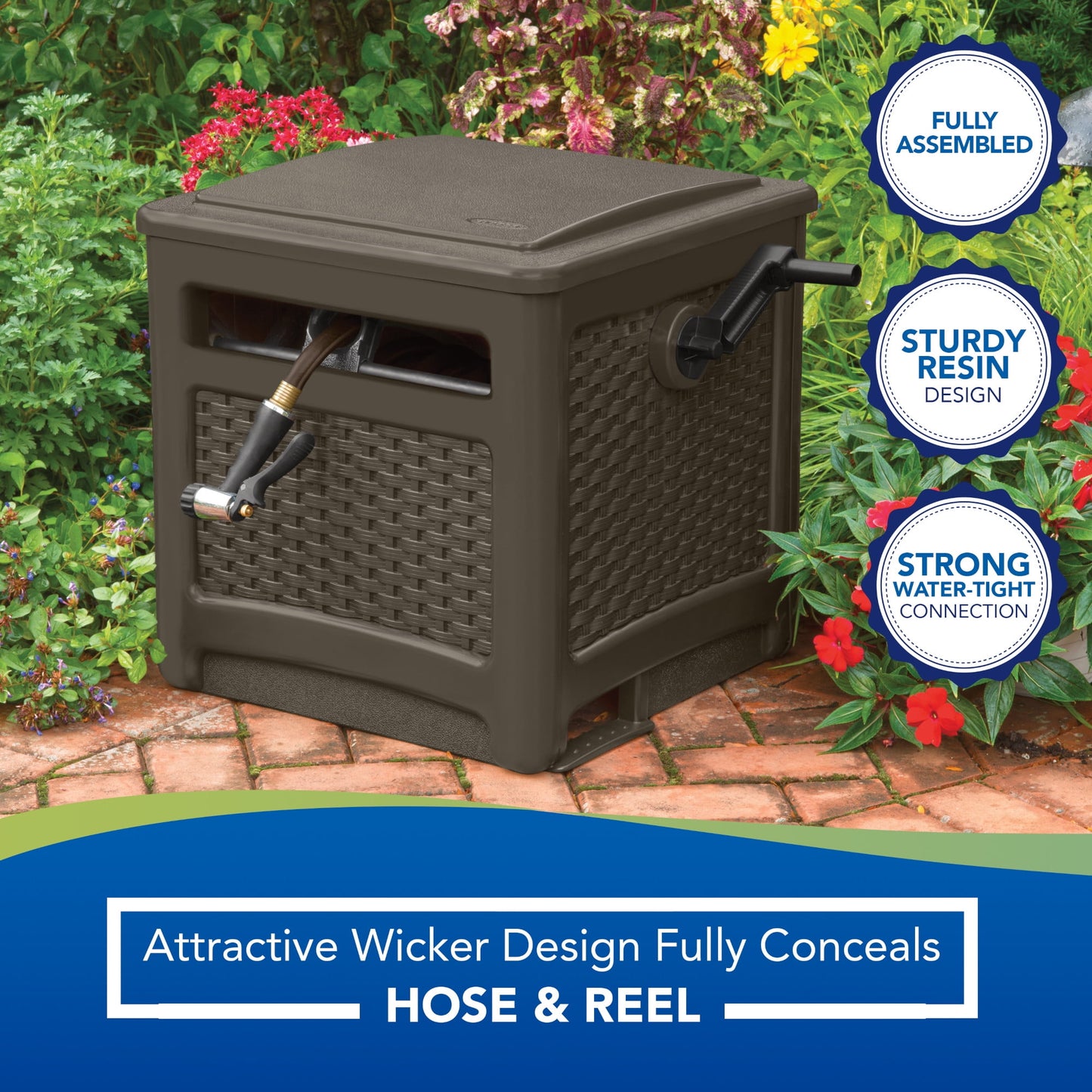 Suncast 225 ft. Smart Trak Wicker Garden Hose Reel Guide and Hideaway, Java Brown