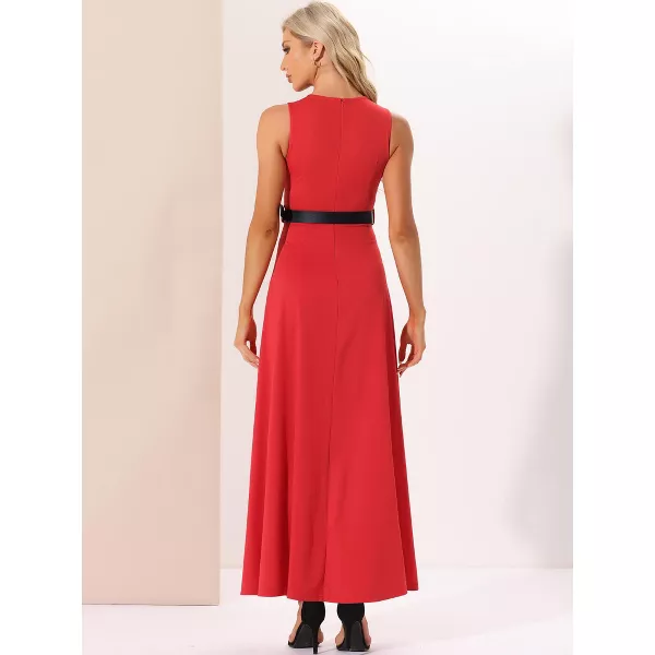 Allegra K Women's Patchwork Overlay Sleeveless Belted High-Waist Rompers Jumpsuit Red Large