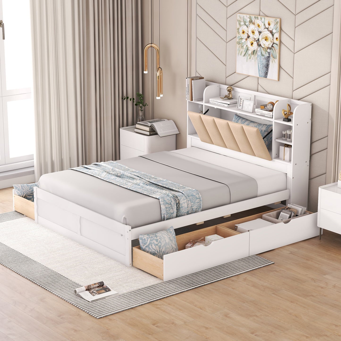 EUROCO Upholstered Queen Bed, Wood Platform Bed with Shelves and Drawers for Adults, Heavy Duty for Bedroom,Guests Room,White