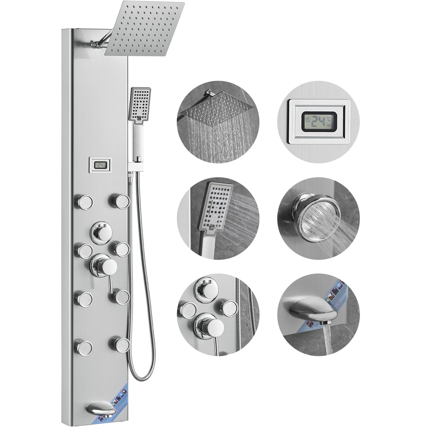 KFFKFF Shower Panel System, Quintuple Shower Functions, Numeric Indicator Shower Panel Tower, Downpour, 8 Therapeutic Jets, Bathtub Faucet, with 59" Hose, Stainless Steel Wall-Attached Bath Set