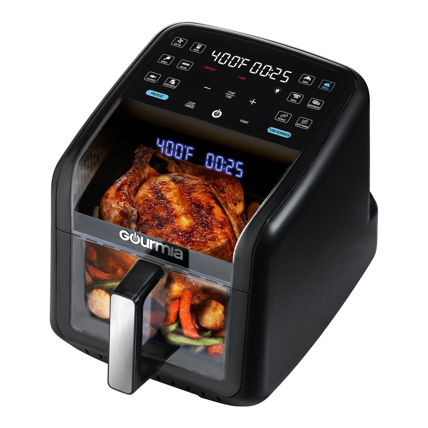 Gourmia Panorama 7-QT Digital Air Fryer w/ Panoramic View, Holographic Display, & 12 Presets, Black, New