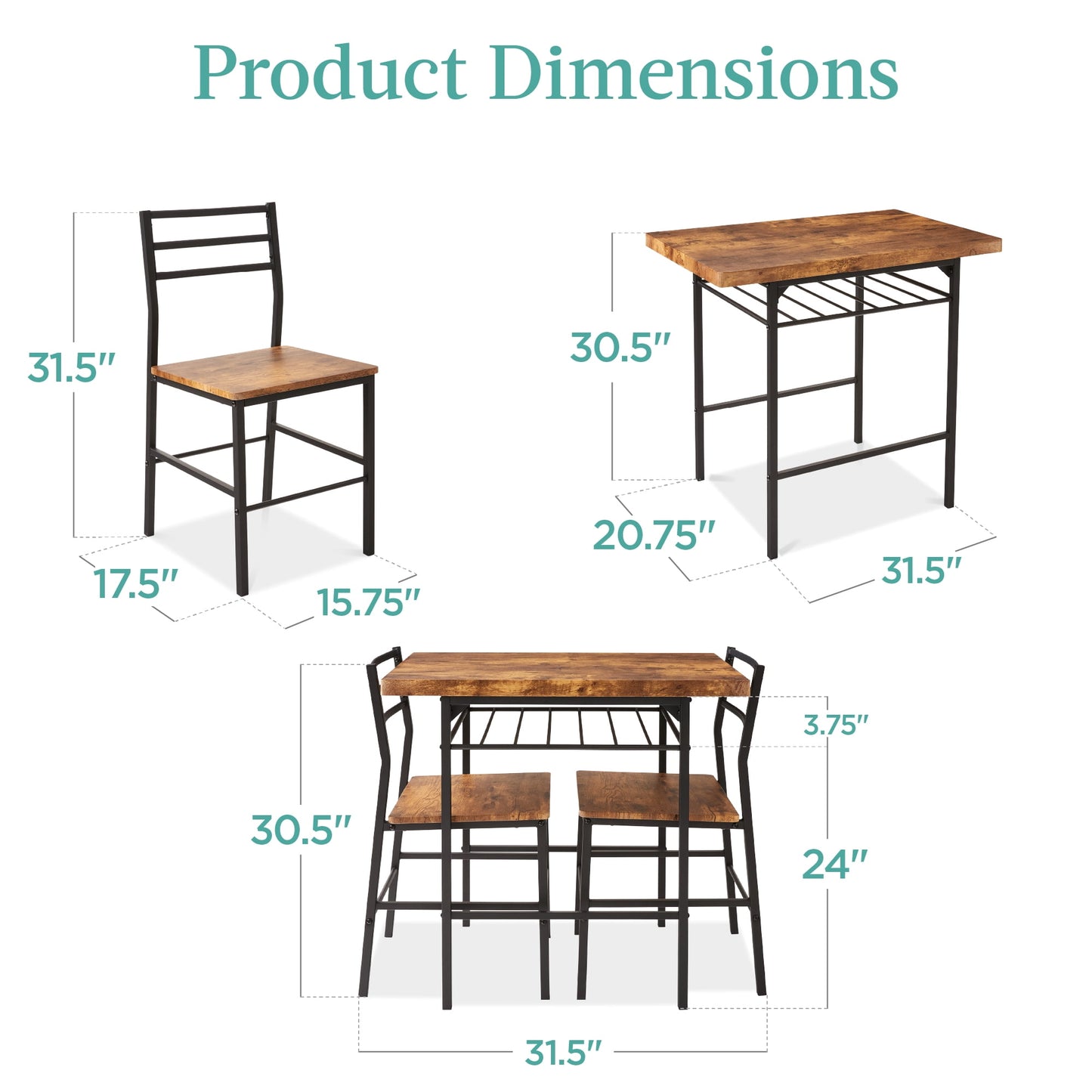 Best Choice Products 3-Piece Modern Dining Set, Square Table & Chairs Set w/ Steel Frame, Storage Rack - Brown
