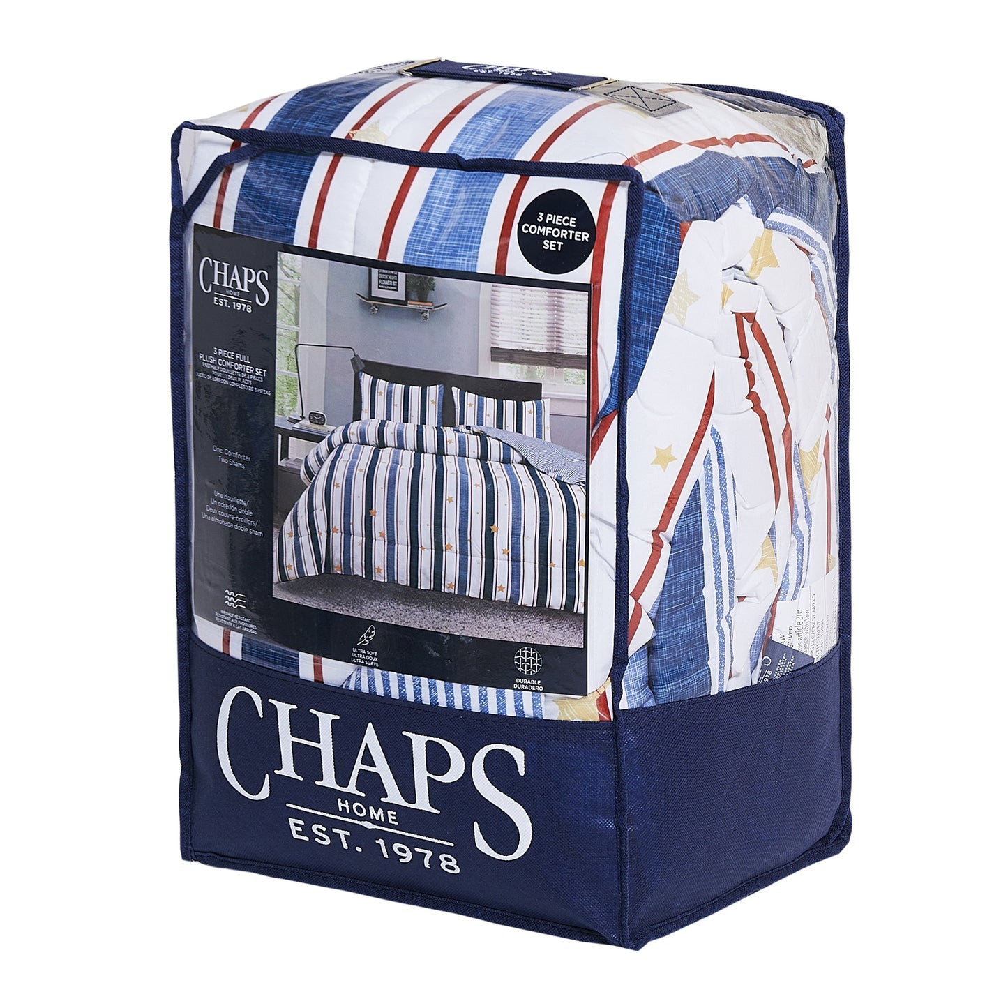 Chaps Boys Comforter Set 2-Piece Reversible Microfiber Kids Comforter Sham Striped Bedding - Red/Blue - Size Twin
