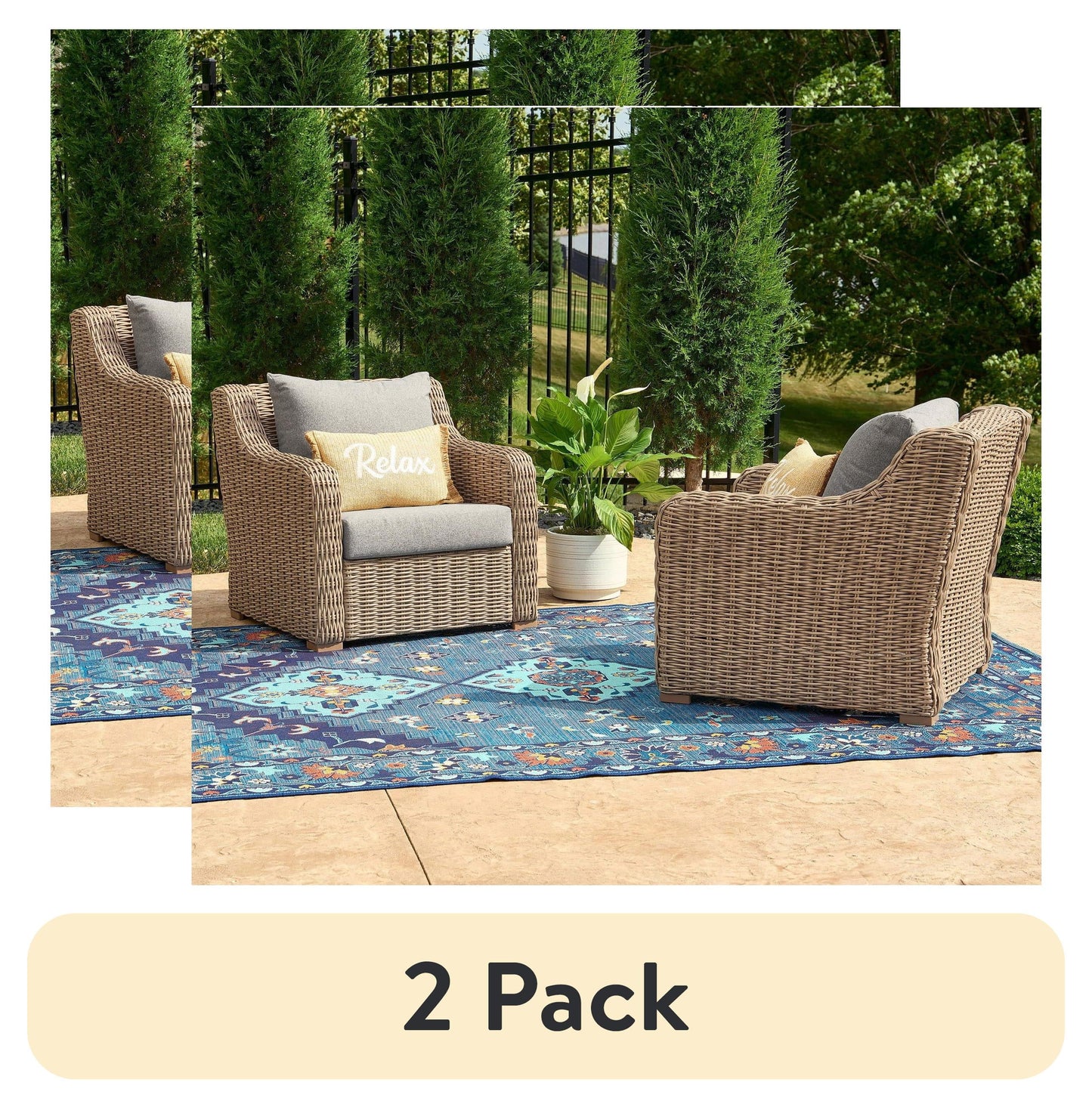 Better Homes & Gardens Bellamy 2-Pack Outdoor Wicker Club Lounge Chairs Gray Cushions with Patio Cover
