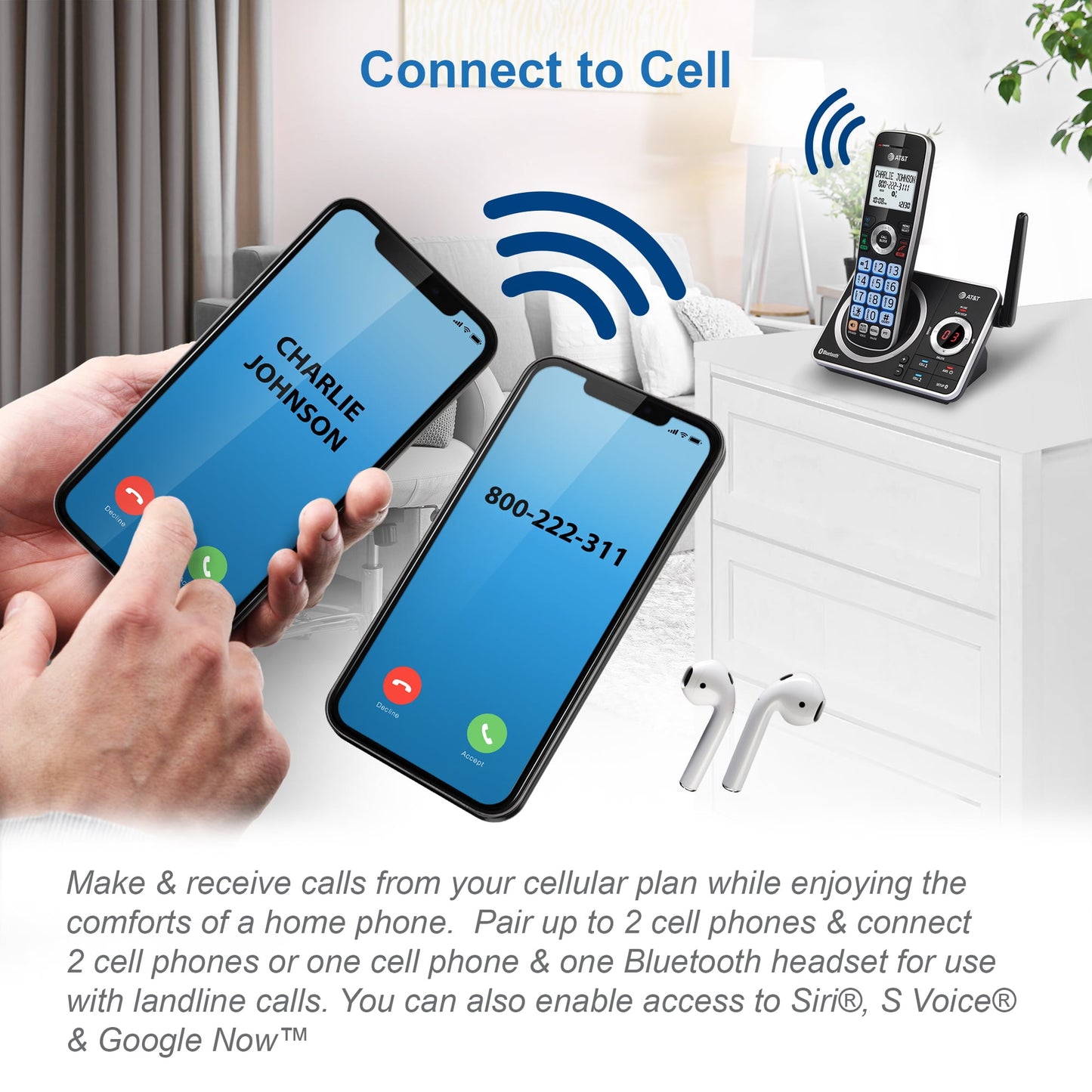 AT&T 2-Handset Expandable Cordless Phone with Unsurpassed Range, Bluetooth Connect to Cell, Smart Call Blocker and Answering System, DLP72212 (Black)