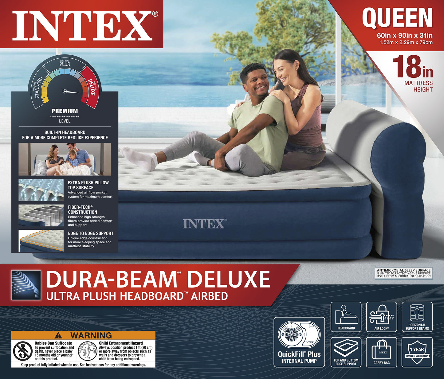 Intex Headboard 18" Queen Dura-Beam Deluxe Raised Air Bed Mattress with Built-in Pump