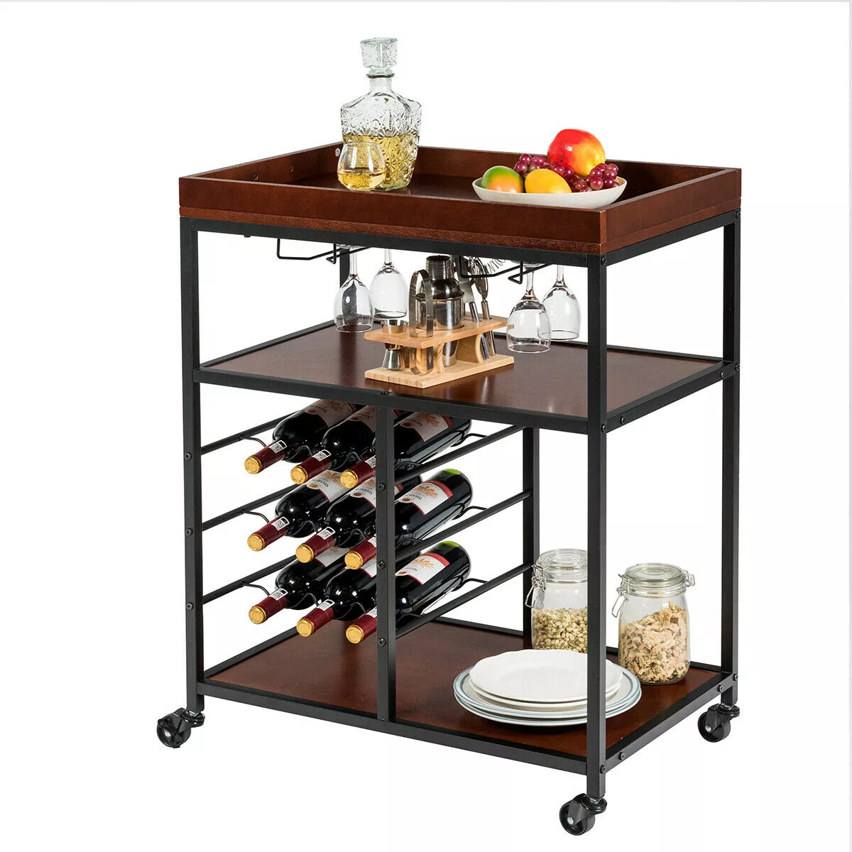 Costway 3 Tier Kitchen Trolley Utility Cart w/Wine Rack & Glass Holder