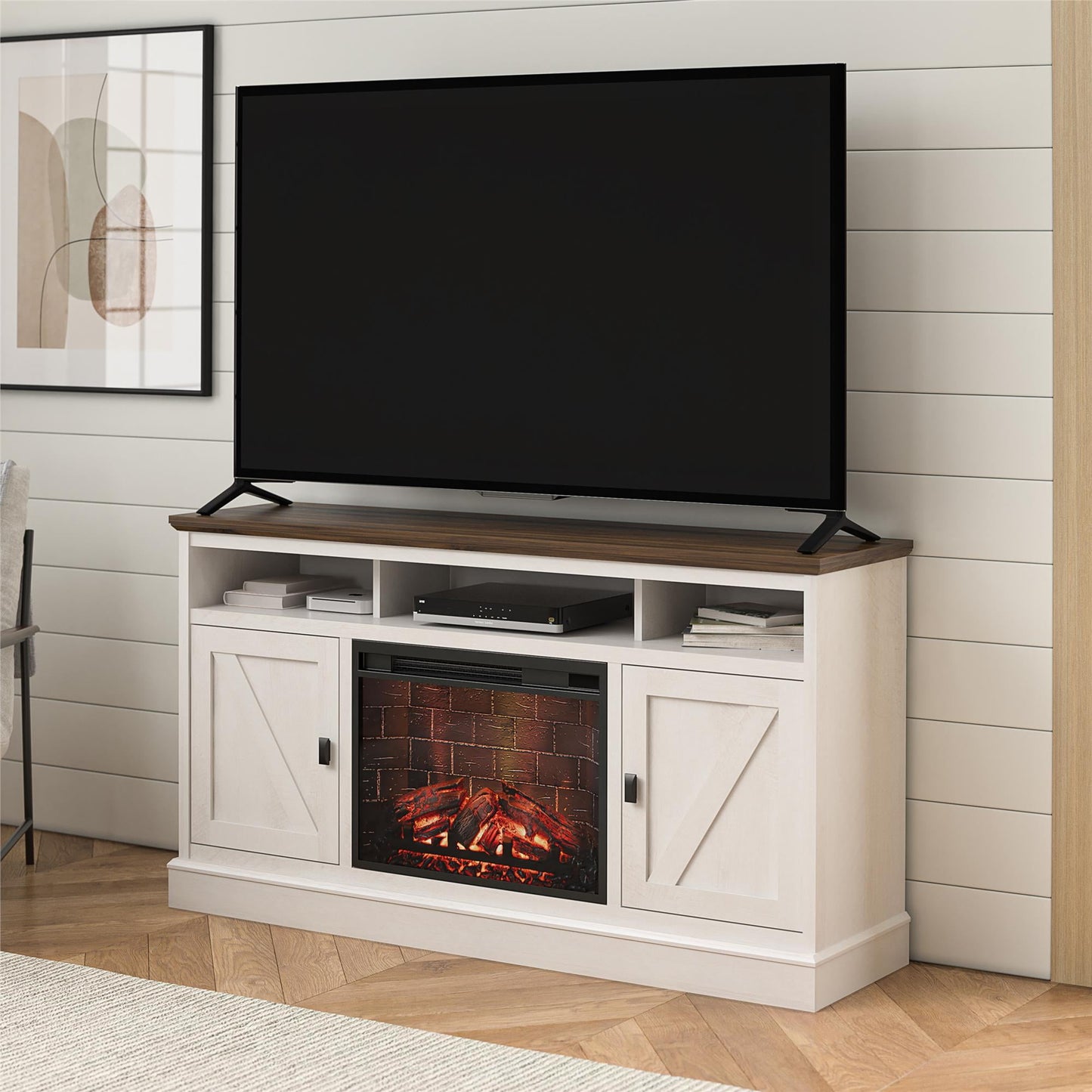 Ameriwood Home Ashton Lane Electric Fireplace TV Stand for TVs up to 65", Magnolia Oak/Columbia Walnut