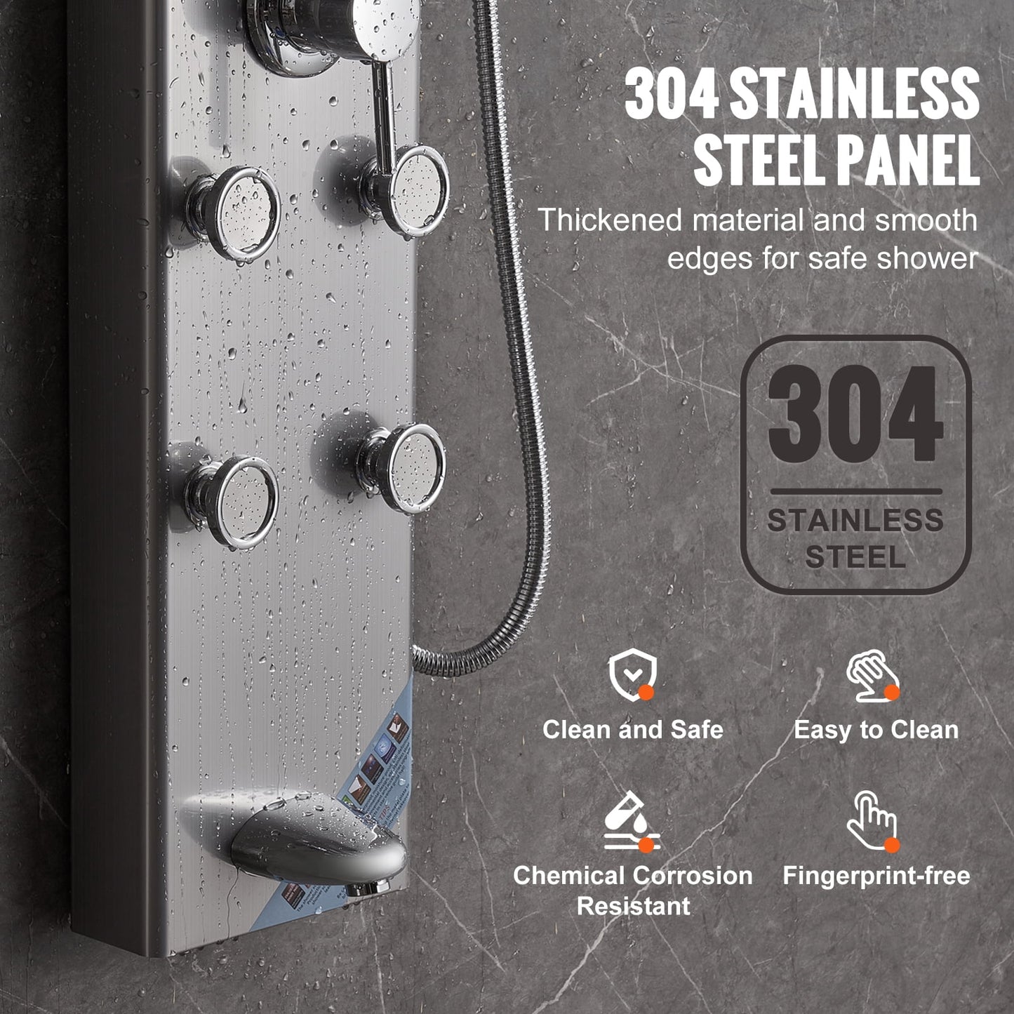 KFFKFF Shower Panel System, Quintuple Shower Functions, Numeric Indicator Shower Panel Tower, Downpour, 8 Therapeutic Jets, Bathtub Faucet, with 59" Hose, Stainless Steel Wall-Attached Bath Set