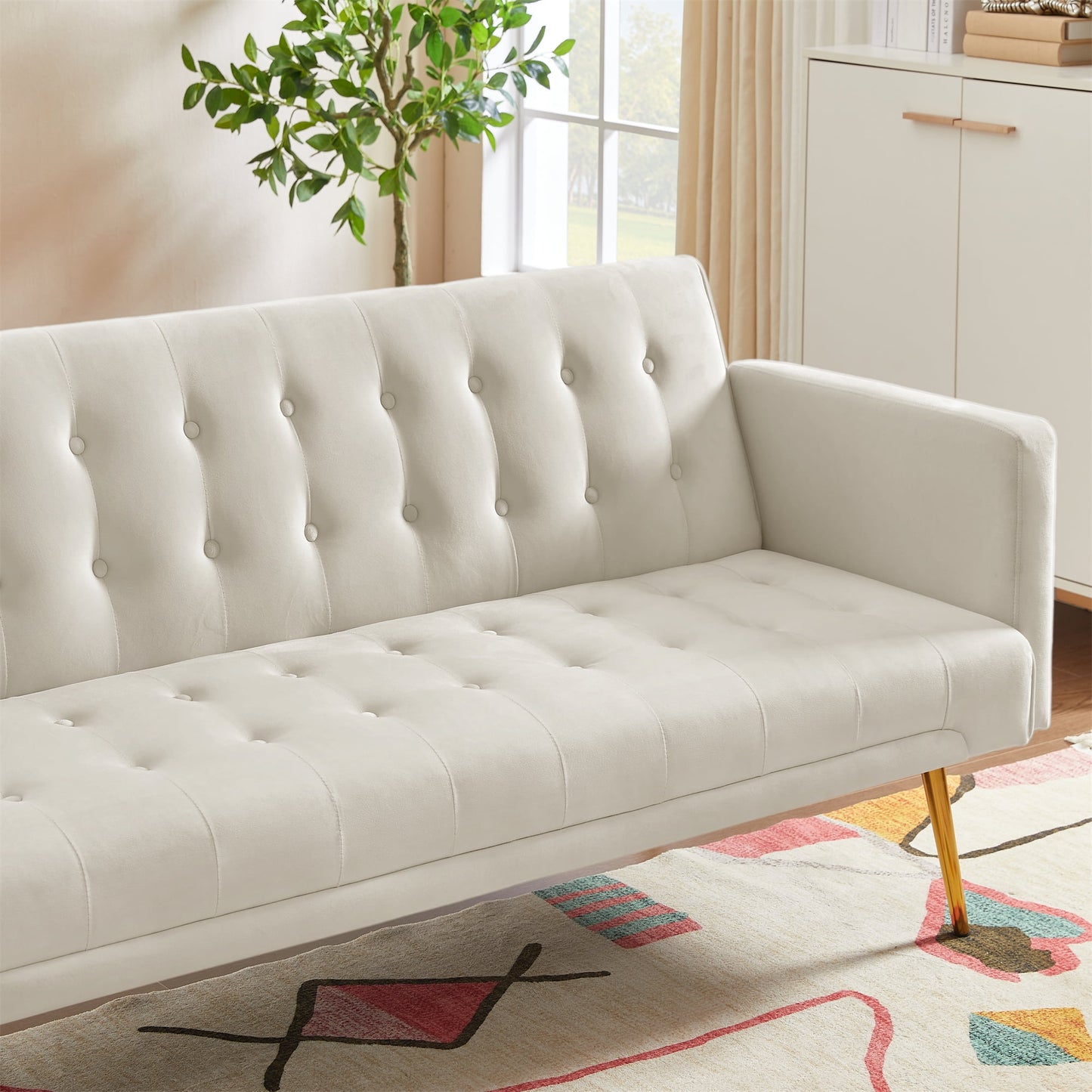 Bianlte Modern Velvet Futon Sofa Bed,Convertible Sleeper Sofa Couch with 3 Adjustable Couch Loveseat with Metal Leg for Living Room and Bedroom,Beige