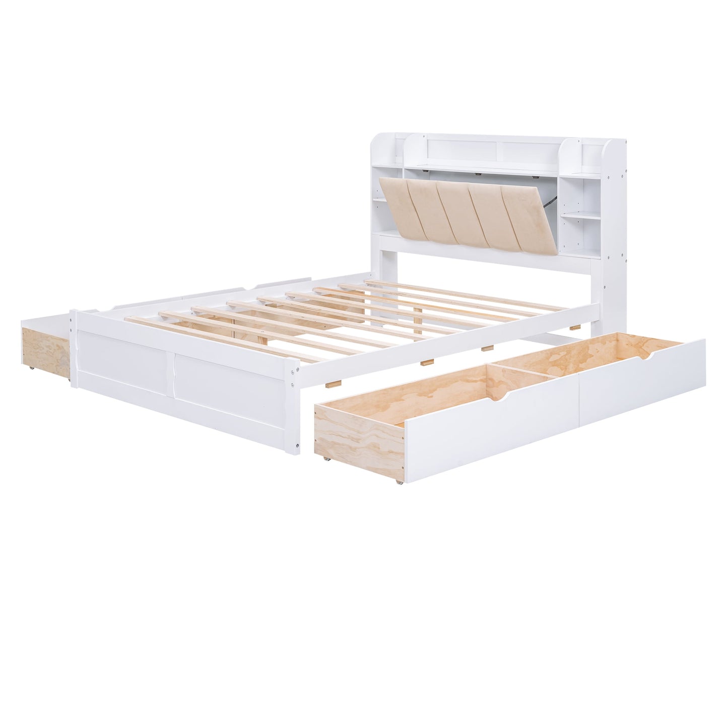 EUROCO Upholstered Queen Bed, Wood Platform Bed with Shelves and Drawers for Adults, Heavy Duty for Bedroom,Guests Room,White