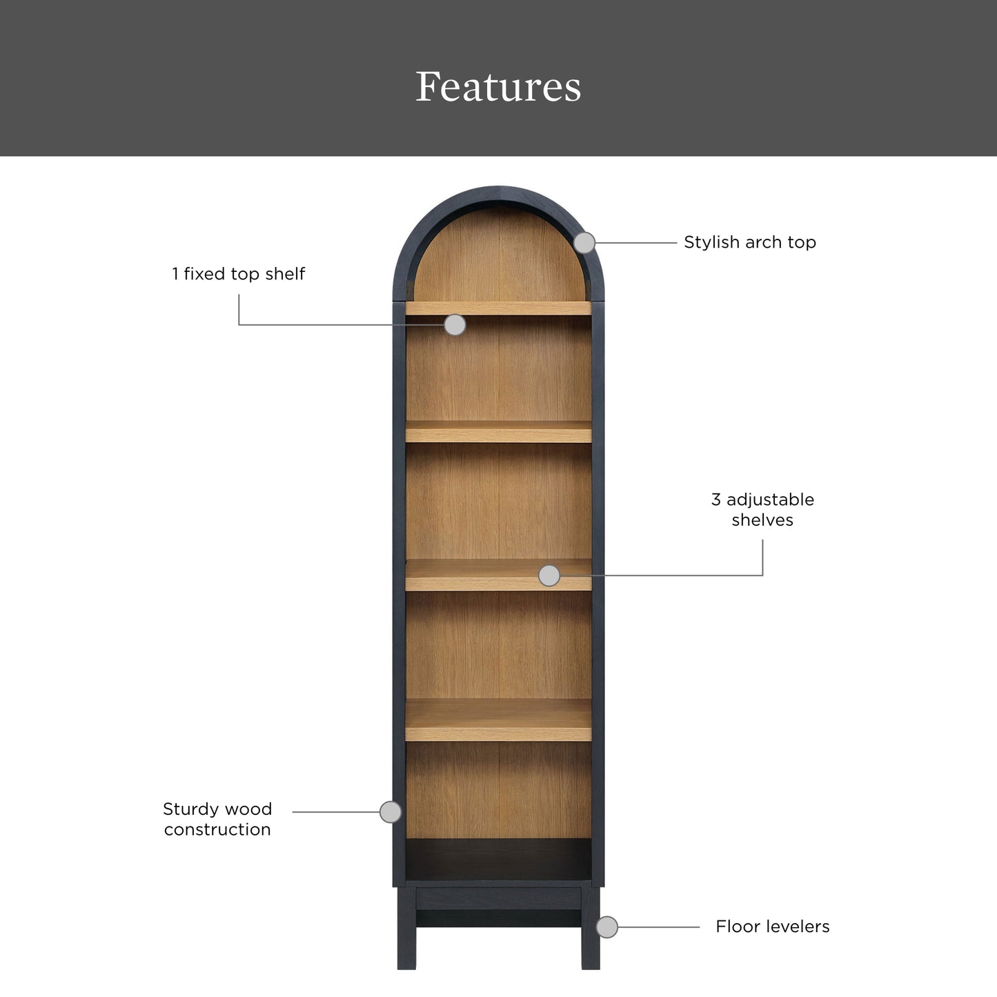 Better Homes & Gardens Juliet Narrow Arch Bookcase, Rich Black Finish