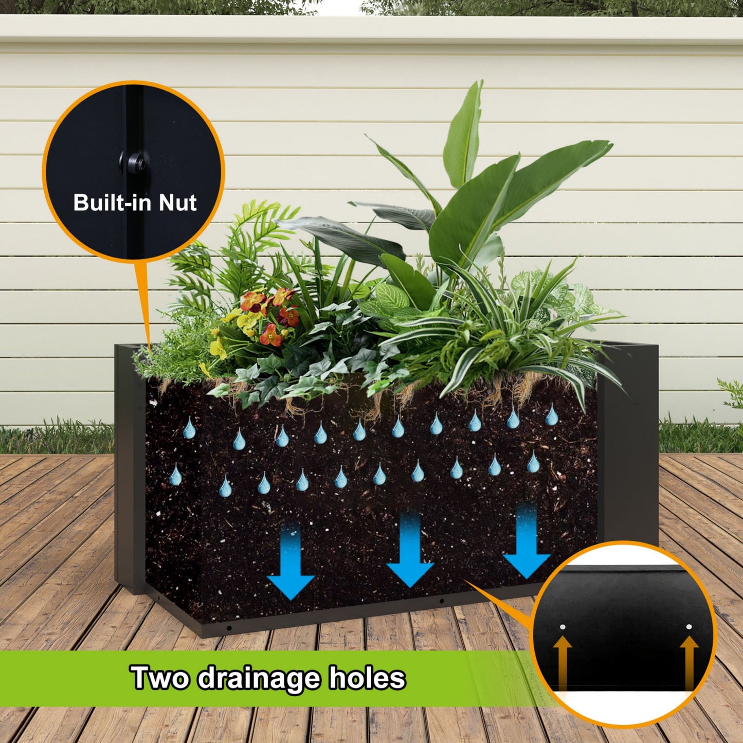 32"x12"x16" Planter Box with Drainage Holes for Outdoor Plants Garden Pot Rectangular Tall Flower Vase Metal Steel Heavy Duty for Yard Patio Deck Hotel Front Porch Large Container Decorative