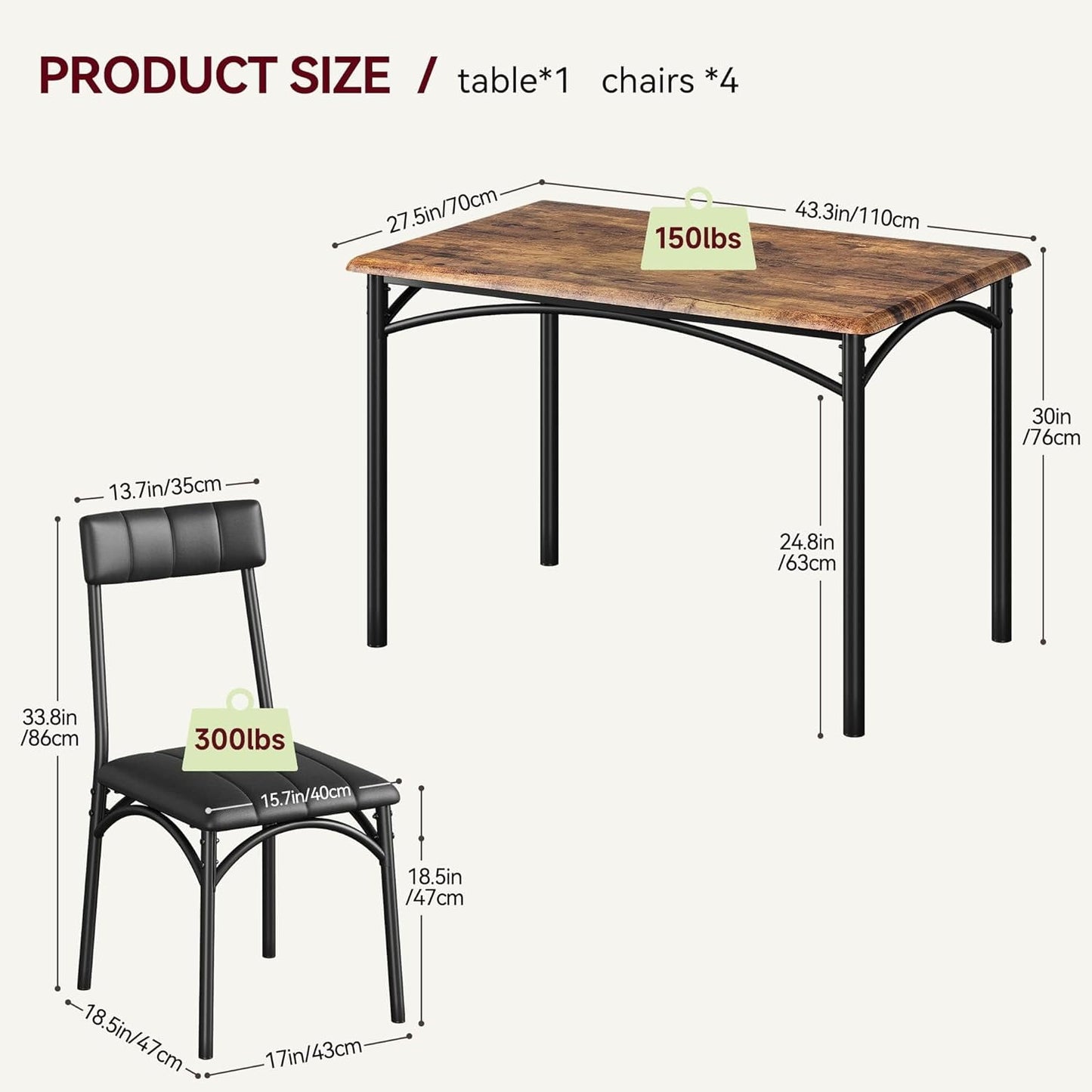 Wpond 5-Piece Dining Table Set, Rustic Brown Steel Frame with 4 Cushioned Chairs, Kitchen