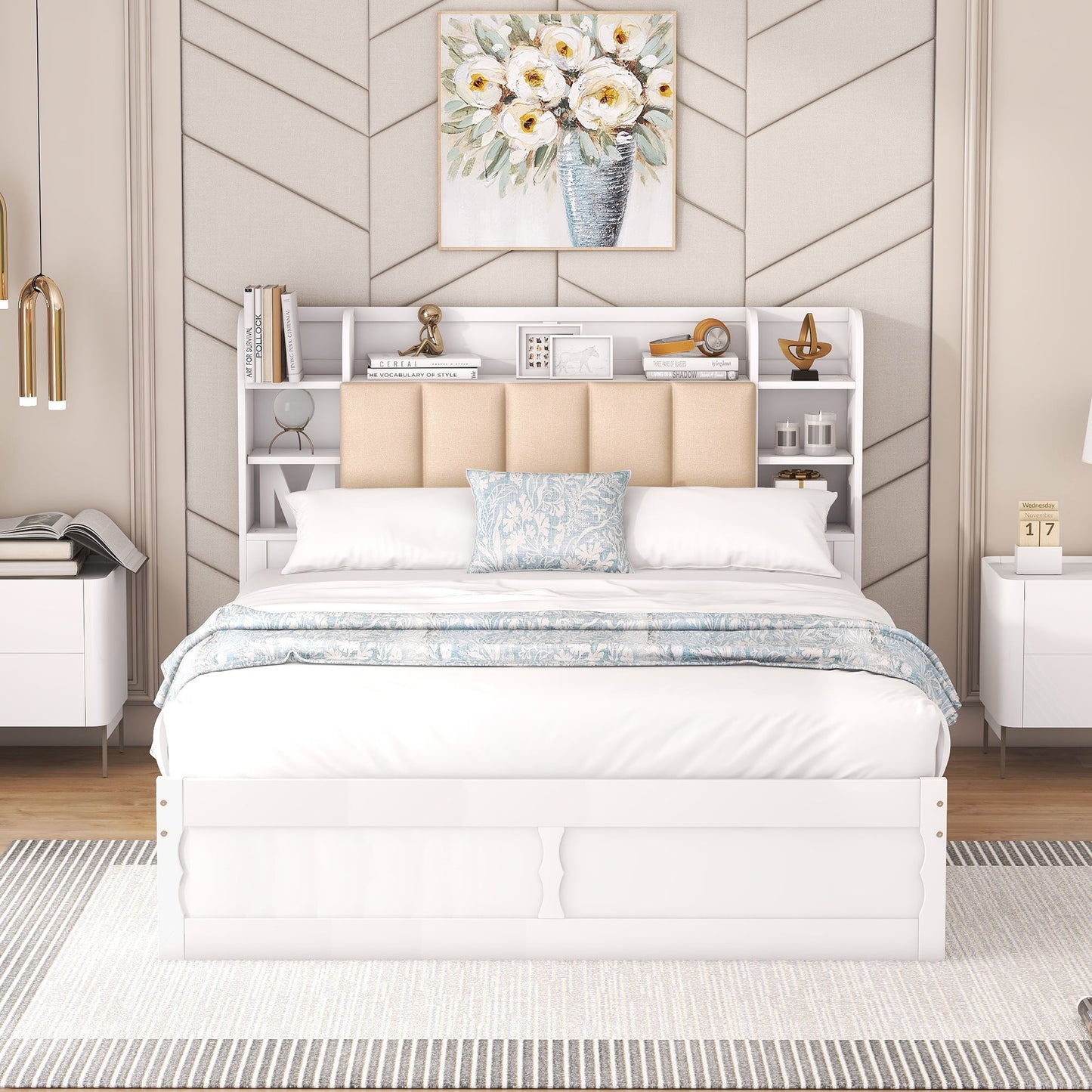 EUROCO Upholstered Queen Bed, Wood Platform Bed with Shelves and Drawers for Adults, Heavy Duty for Bedroom,Guests Room,White