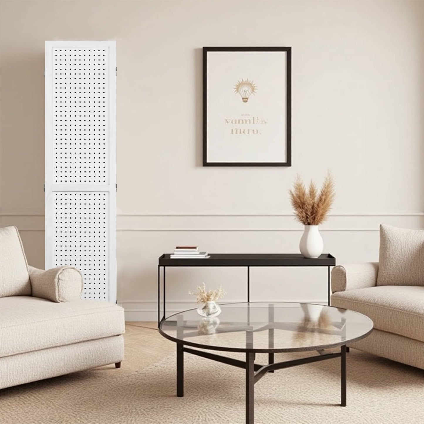 Dovelina 4 Panel Freestanding Room Divider, 5.6Ft Wooden Privacy Screen with Shelves, White