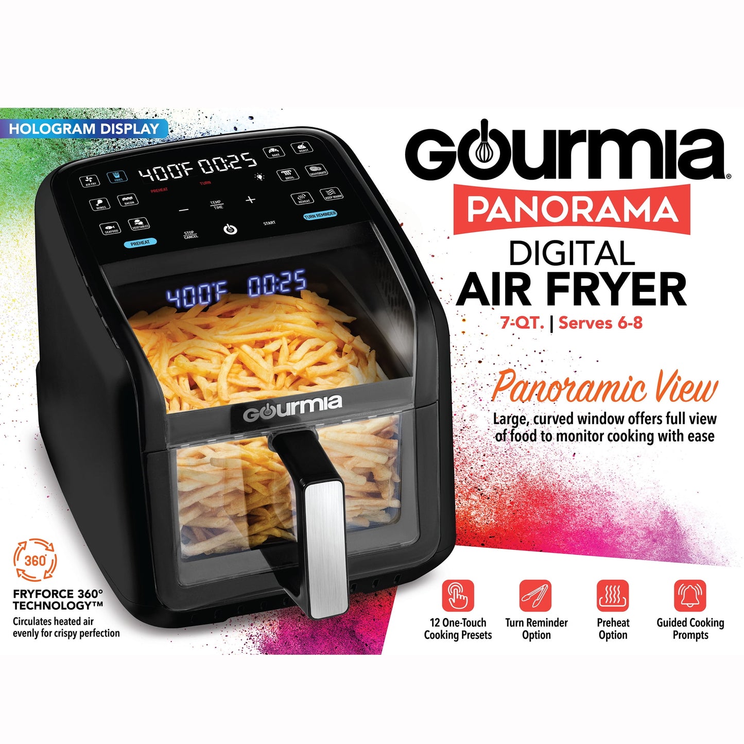 Gourmia Panorama 7-QT Digital Air Fryer w/ Panoramic View, Holographic Display, & 12 Presets, Black, New