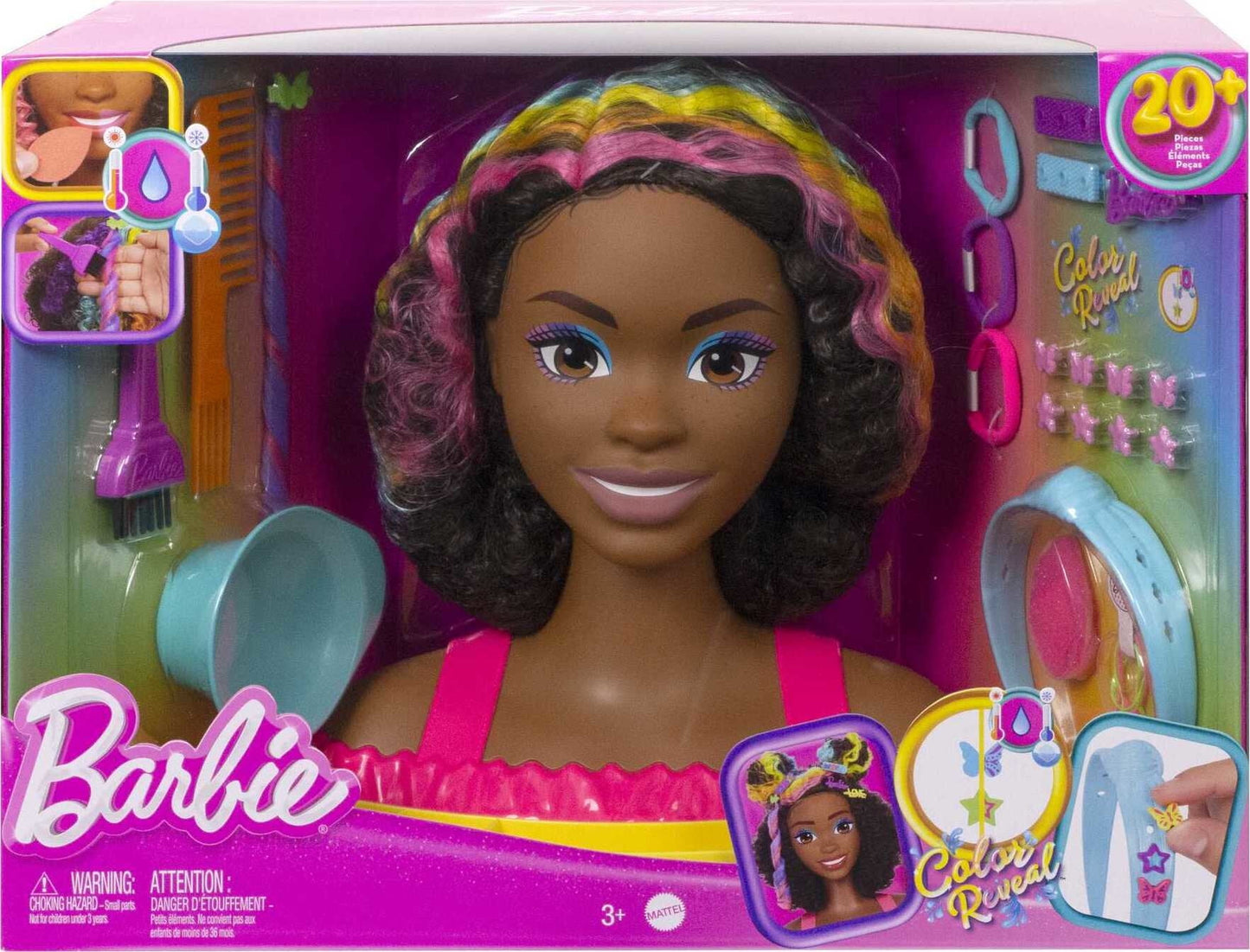 Barbie Deluxe Styling Head with Color Reveal Accessories and Curly Brown Rainbow Hair