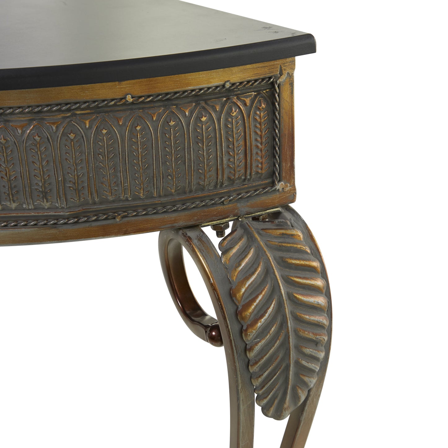 DecMode 41" x 33" Gold Metal Embossed Leaf Console Table with Ornate Scroll Legs, 1-Piece