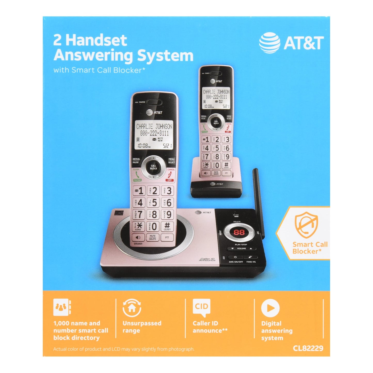 AT&T CL82229 2 Handset Cordless Expandable Answering System with Smart Call Block, Rose Gold