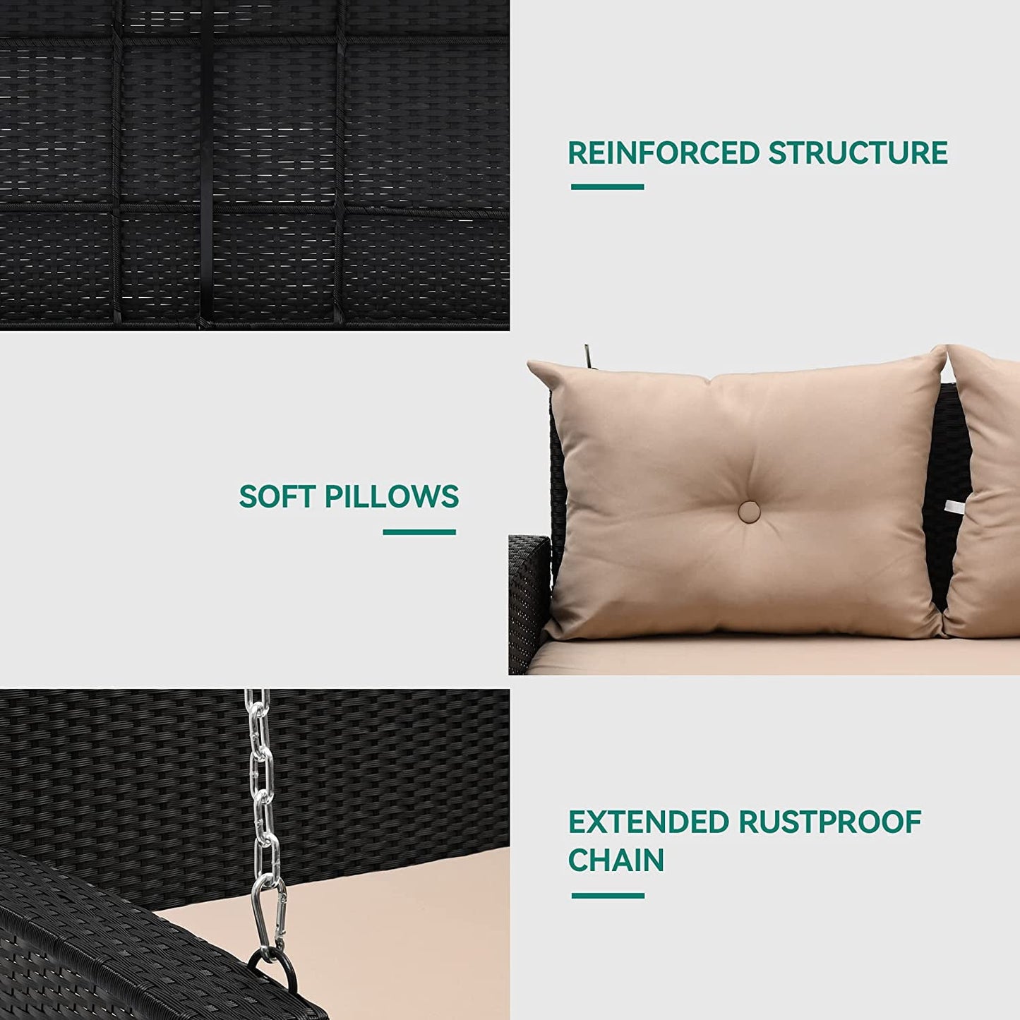 Dextrus 2-Seats Wicker Hanging Porch Swing Chair Outdoor Black Rattan Patio Swing Lounge w/ 2 Back Cushions Capacity 770lbs for Garden, Balcony, Living Room, Beige