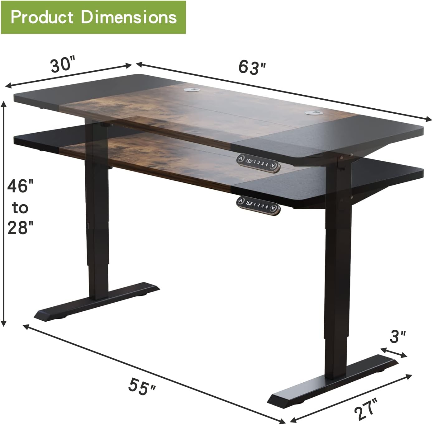 Electric Height Adjustable Standing Desk, 63x 30 Inches Stand Up Ergonomic Desk Workstation, Splice Board Home Office Computer Table