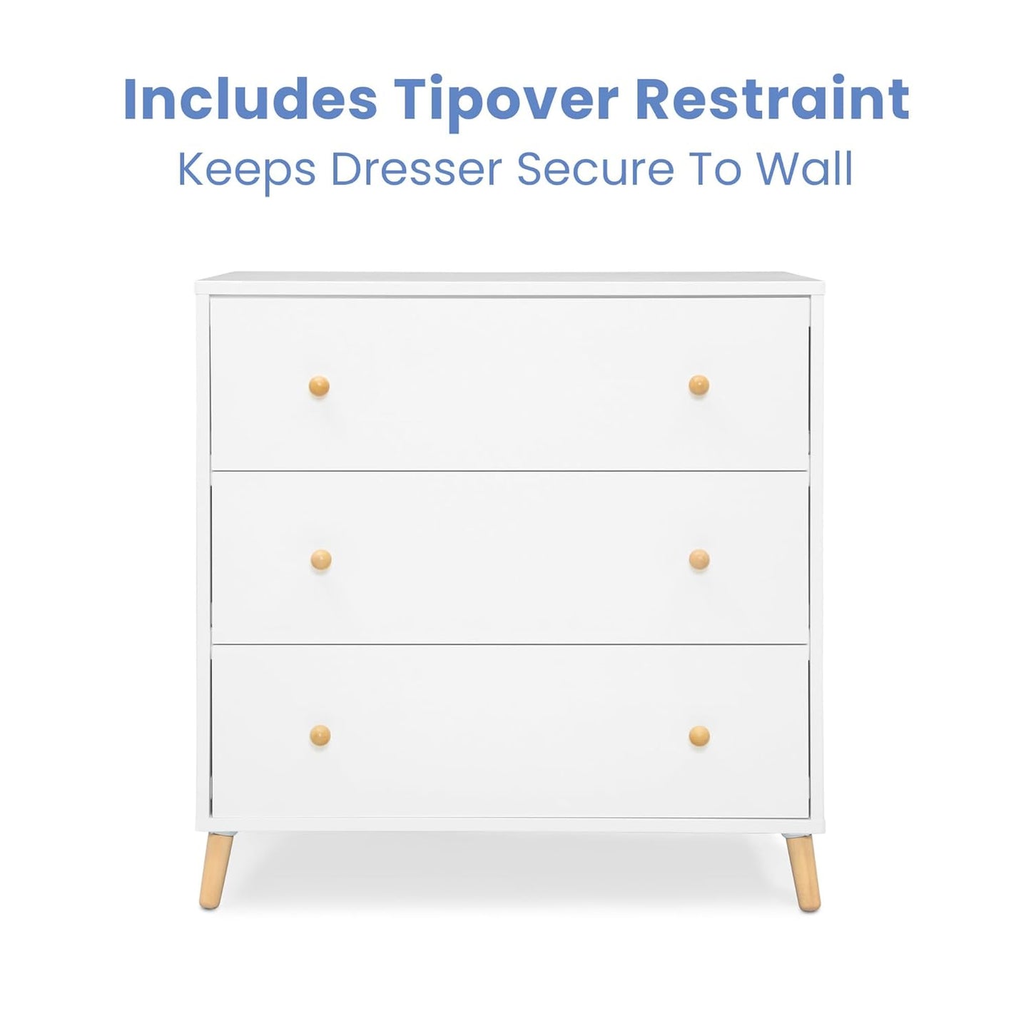 Delta Children Essex 3 Drawer Dresser with Interlocking Drawers, Bianca White/Natural