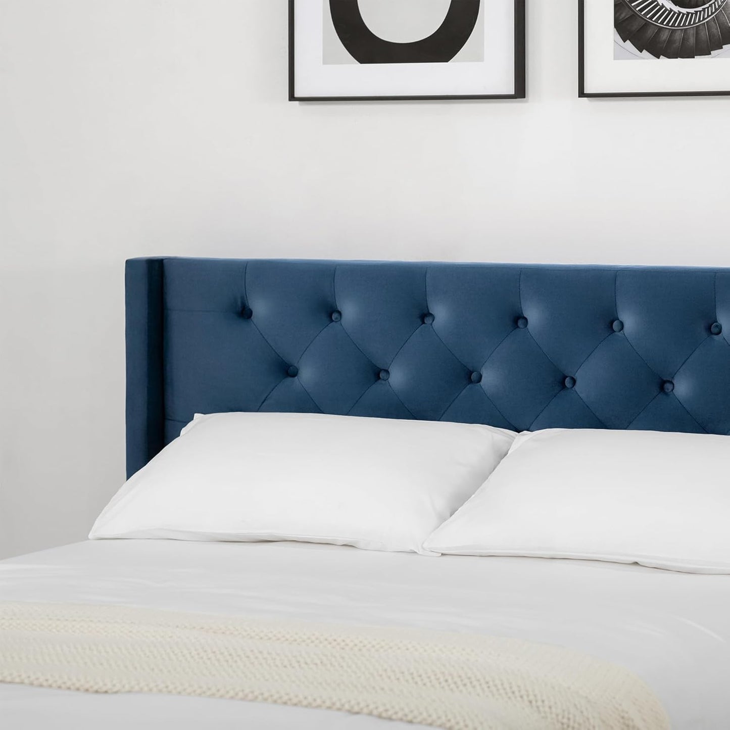 Full Size Bed Frame, Velvet Upholstered Platform Bed Mattress Foundation, with Vertical Channel Tufted Wingback Headboard, Strong Wood Slat, No Box Spring Needed, Blue
