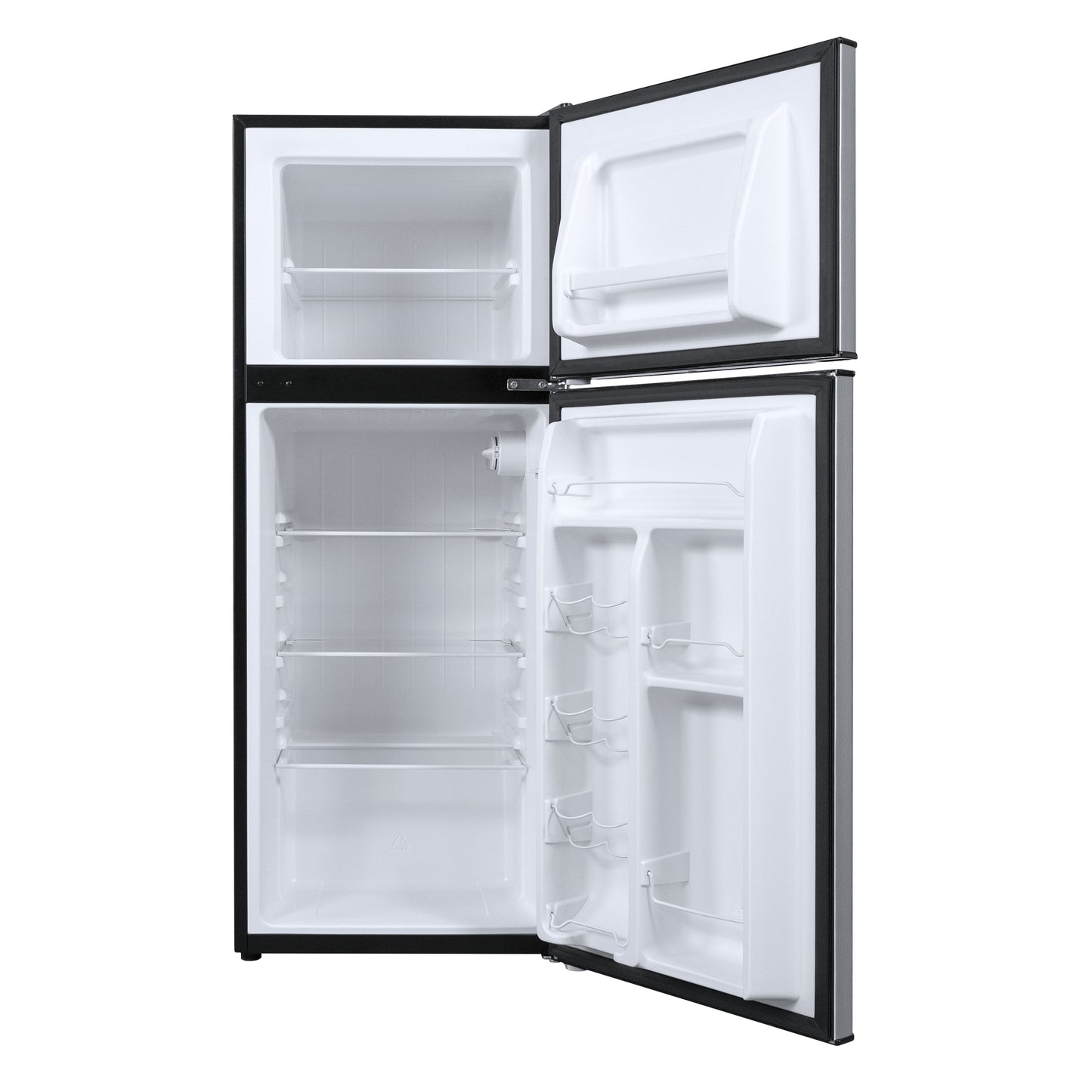 Galanz 4.6. Cu ft Two Door Mini Refrigerator with Freezer, Stainless Steel, New, Width 19.13"