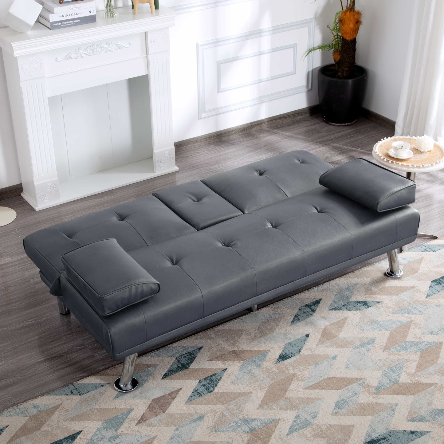 BSHTI 66.1” Convertible Futon Sleeper Sofa,3 Angles for Adjusting Backrest,PU Upholstery Twin Size Sofa Bed,with 2 Cup Holders(Dark Gray)