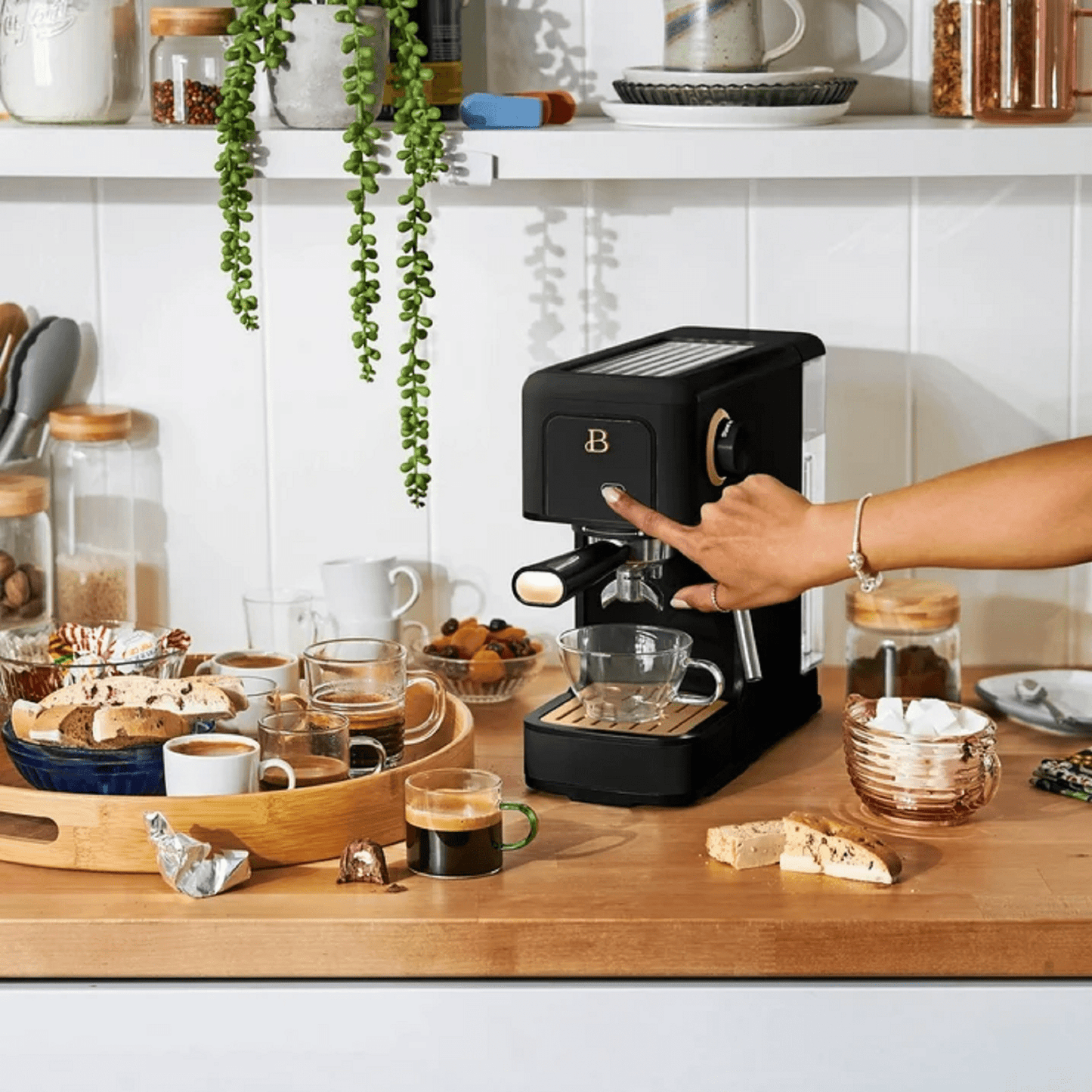 Beautiful Slim Espresso Maker with 20-Bar Pressure, Black Sesame by Drew Barrymore