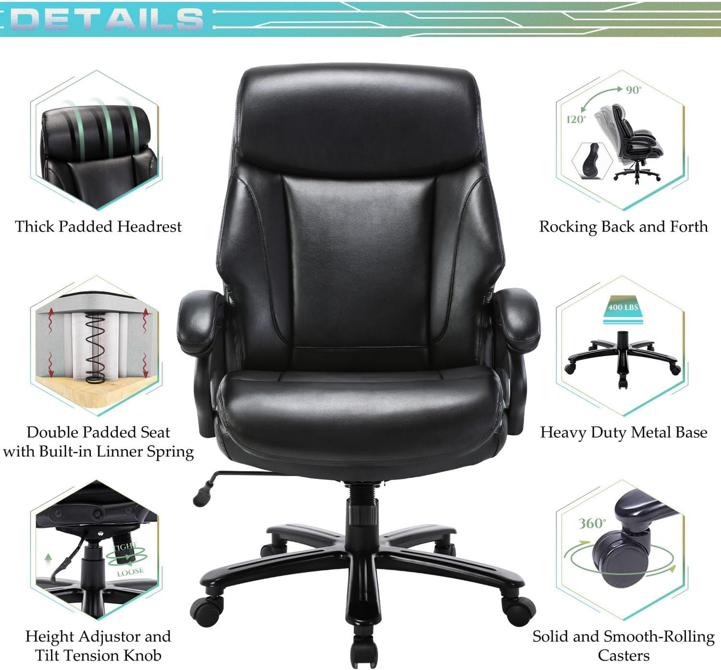 Big and Tall Office Chair 400lbs-Heavy Duty Executive Desk Chair with Extra Wide Seat, High Back Ergonomic Leather Computer Chair with Tilt Rock&Tension, Padded Armrests-Black