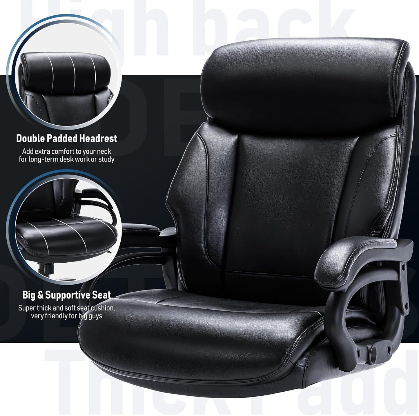 Big and Tall Office Chair 400lbs-Heavy Duty Executive Desk Chair with Extra Wide Seat, High Back Ergonomic Leather Computer Chair with Tilt Rock&Tension, Padded Armrests-Black