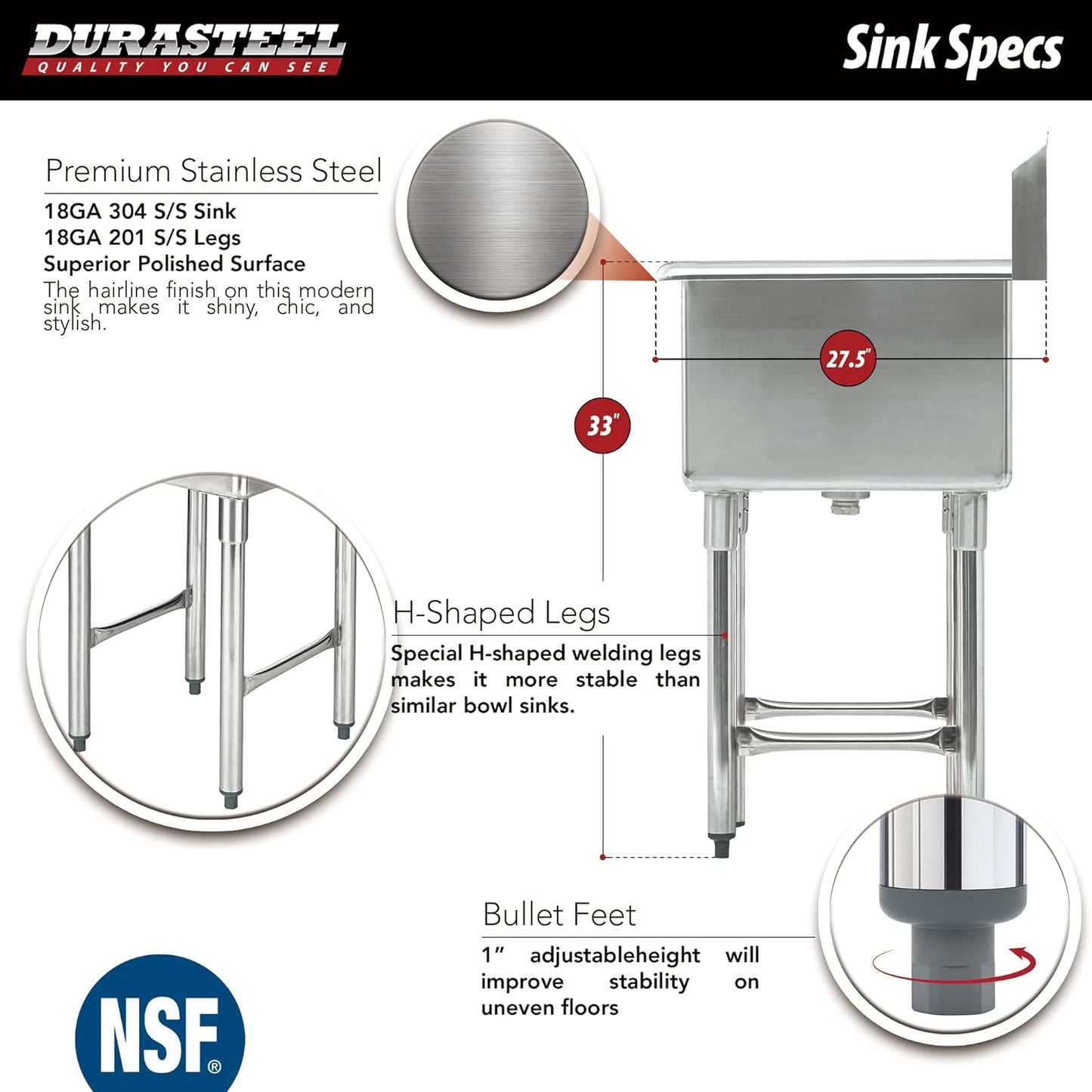 Pick Up Only-DuraSteel Stainless Steel Utility Sink - 24" x 24" Inner Single Bowl - Commercial Prep Sink with No Lead Faucet - CEC & NSF Certified - For Restaurant, Kitchen, Laundry, Garage