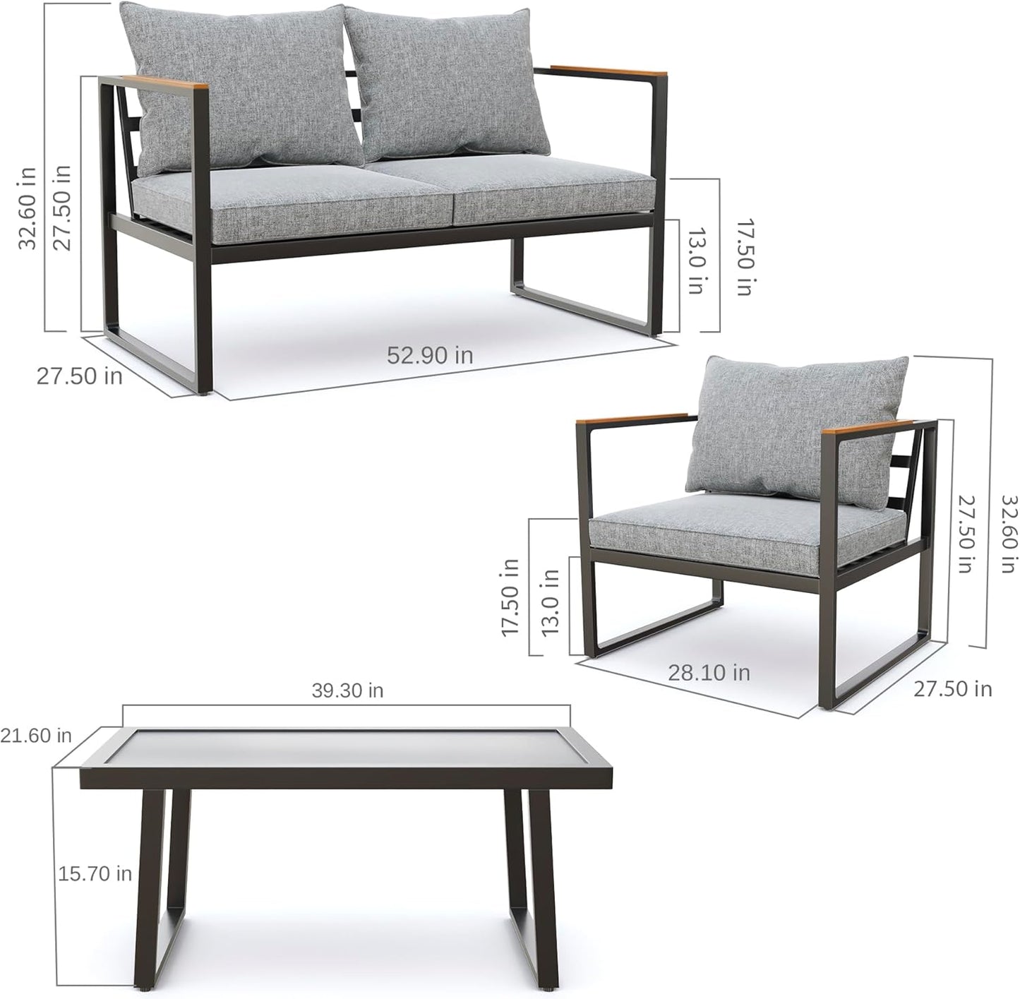 EAST OAK Patio Furniture Set, 4-Piece Outdoor Patio Set with Sofa, Removable & Washable Deep Seating Cushion, Tempered Glass Table, Outside Patio Conversation Sets, 25 Upgraded, Light Gray & Black