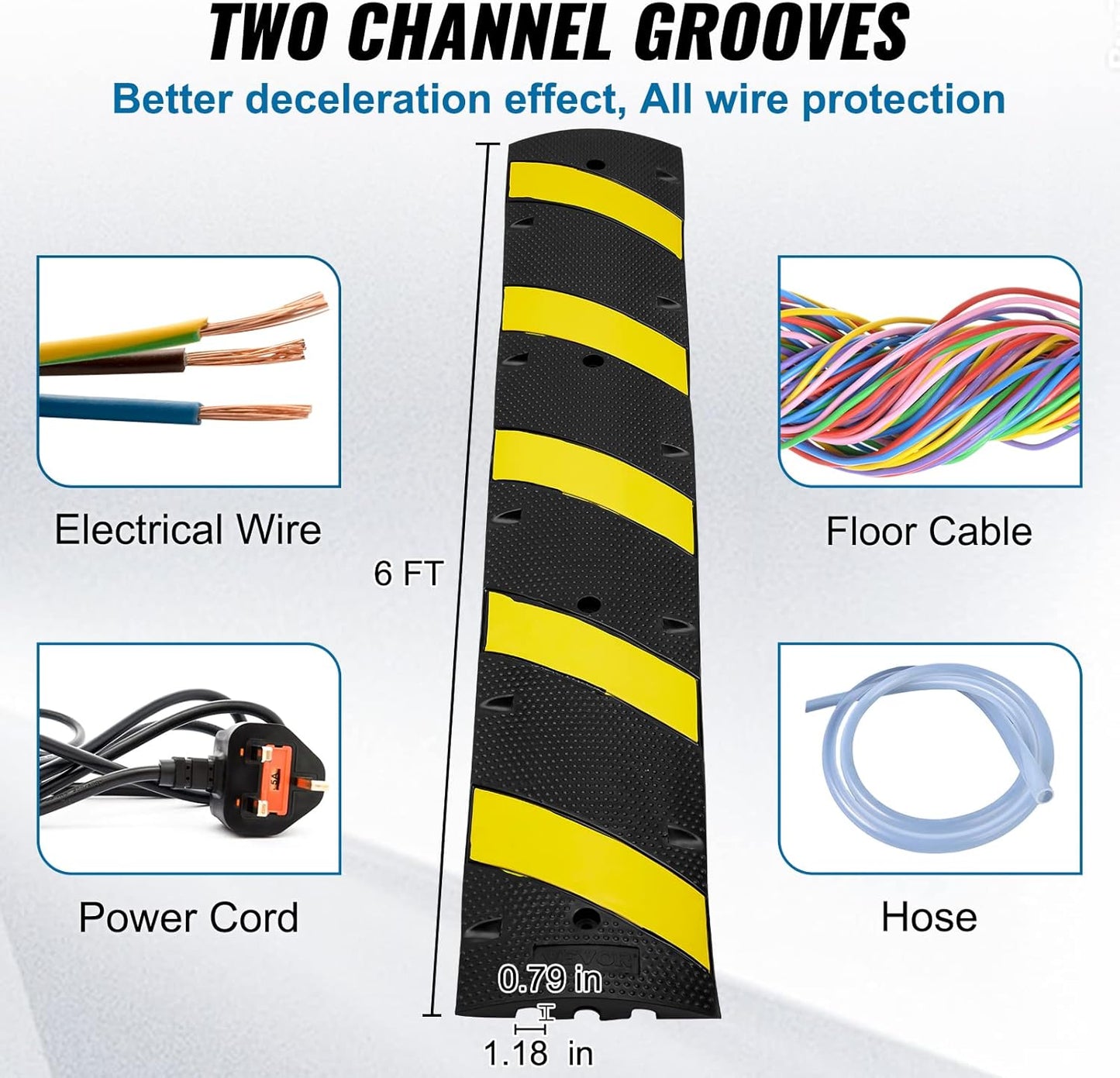VEVOR 6 ft/72'' Rubber Speed Hump, 2 Channel, 22000 lbs Load Capacity Heavy Duty Traffic Speed Bump, with High Reflective Yellow Strip 4 Expansion Screws and 1 Drill, for Asphalt Concrete Gravel Roads