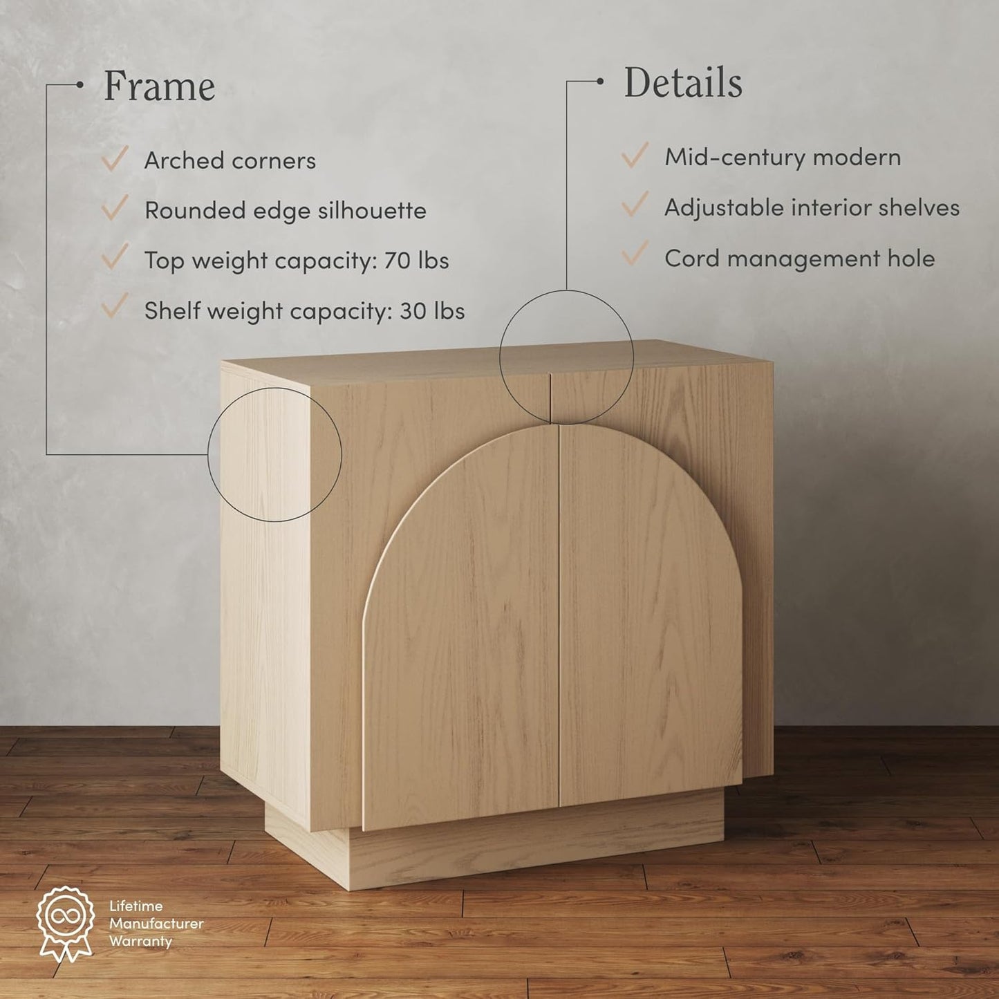 Nathan James Iris Mid-Century Arched Storage Cabinet Natural Brushed Light Brown: Veneer Surface, Fixed Shelf, Wood Frame